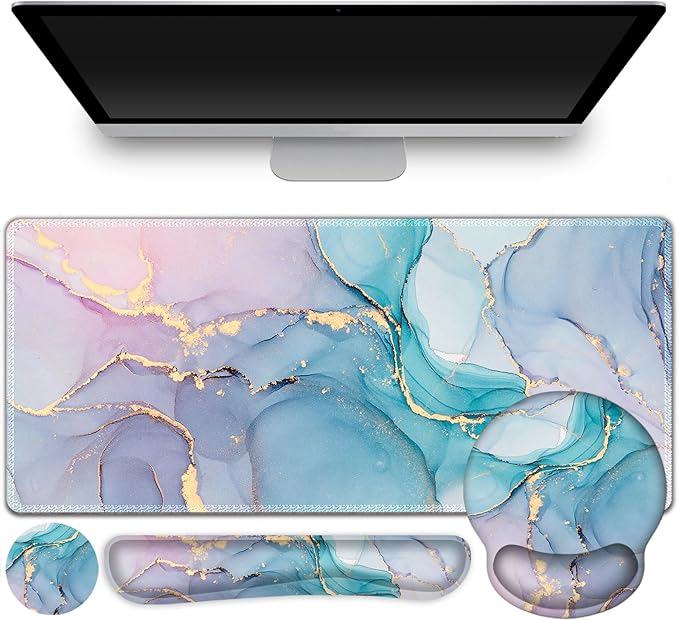 ToLuLu Desk Mat, XXL Large Mouse Pad Wrist Support Set，4 in1 Gaming Mousepad Desk Pad+ Ergonomic Mouse Pad with Wrist Rest + Keyboard Wrist Rest+Coaster for Home Office Computer, Blue Glitter Marble