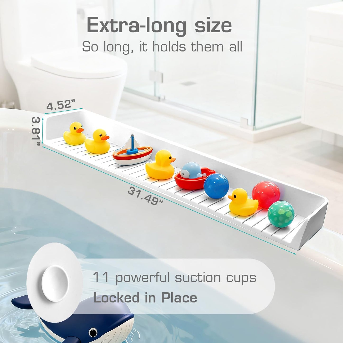 DubiLaka 31.5" Bathtub Splash Guard for Kids & Toddlers - Silicone Play Shelf & Toy Storage Tray with Strong Suction Cups to Prevent Water Spills, No-Leak Fun Bath Time - Tub Toy Holder Ledge,White