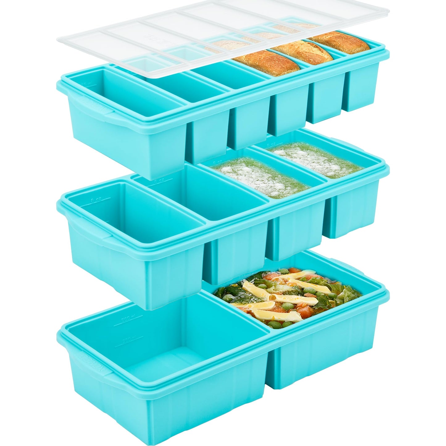 Silicone Freezer Tray With Lid - Soup Freezer Container Molds Set Makes 2-Cup & 1-Cup 1/2-cup Portions Cubes Perfect for preparing meals in different Portion Sizes Oven & Dishwasher-Safe
