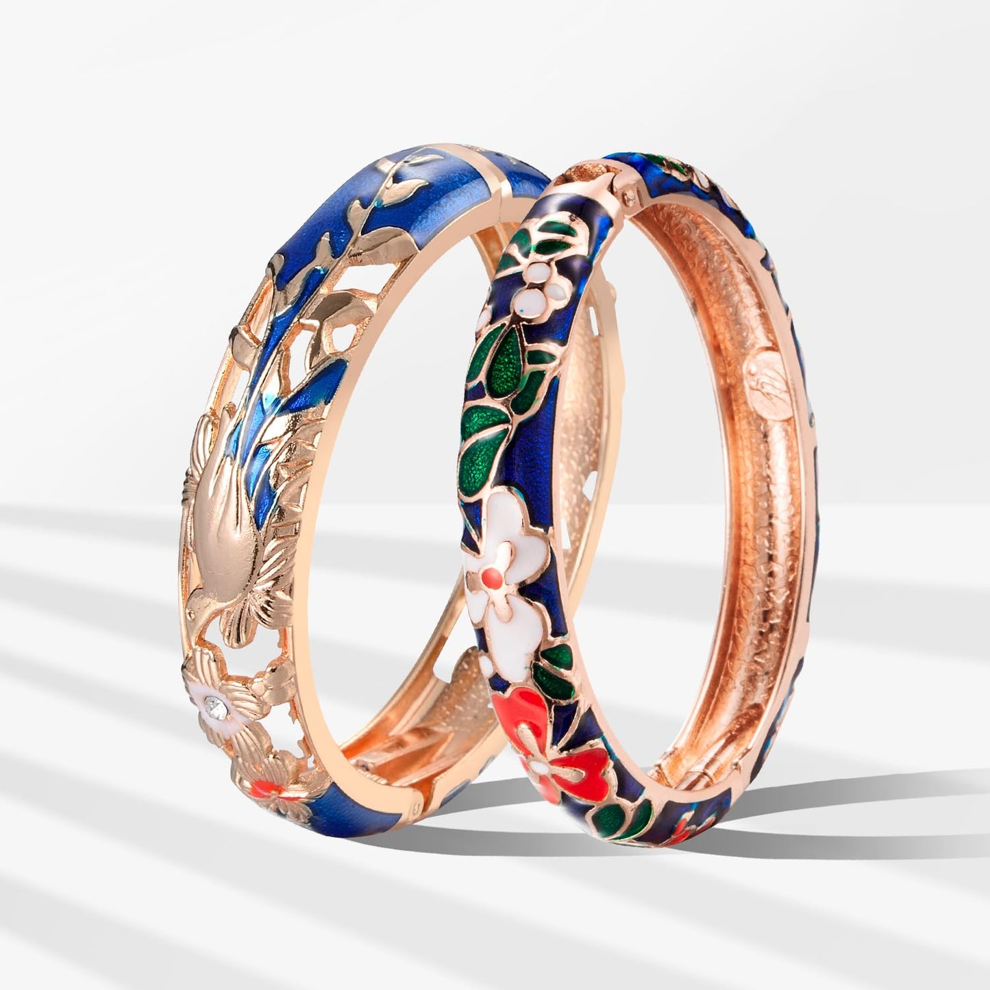 wynameleri Vintage Cloisonne Jewelry Gorgeous Rhinestone Handcrafted Bracelets Enamel Flower Bird Gold Hinged Cuff Bangles Gifts 88A31-55A100 Navy Blue