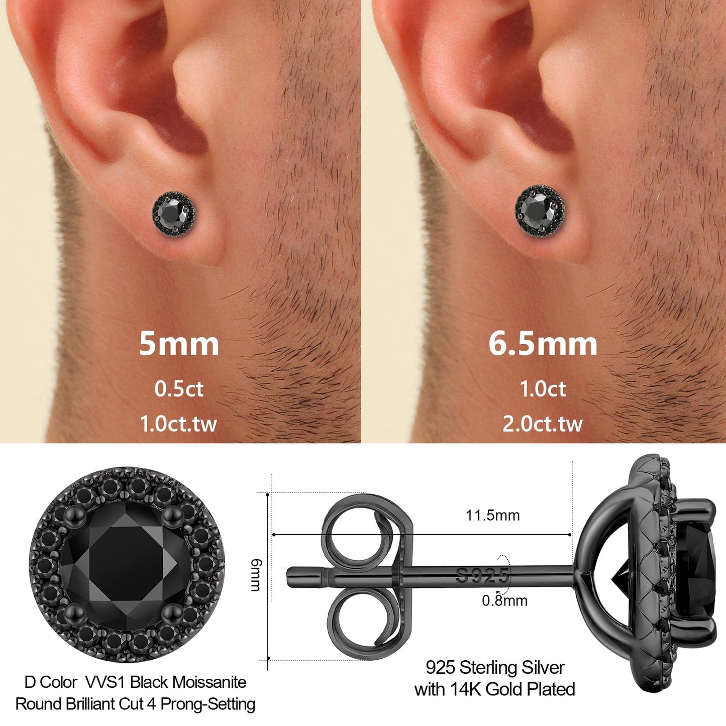 KRKC Black Moissanite Stud Earrings, Sterling Silver, 14K Black Gold Ruthenium, 2ct, D Color VVS1 Clarity, Hypoallergenic, Unisex, Stud Design, Push Back, Christmas, Adult