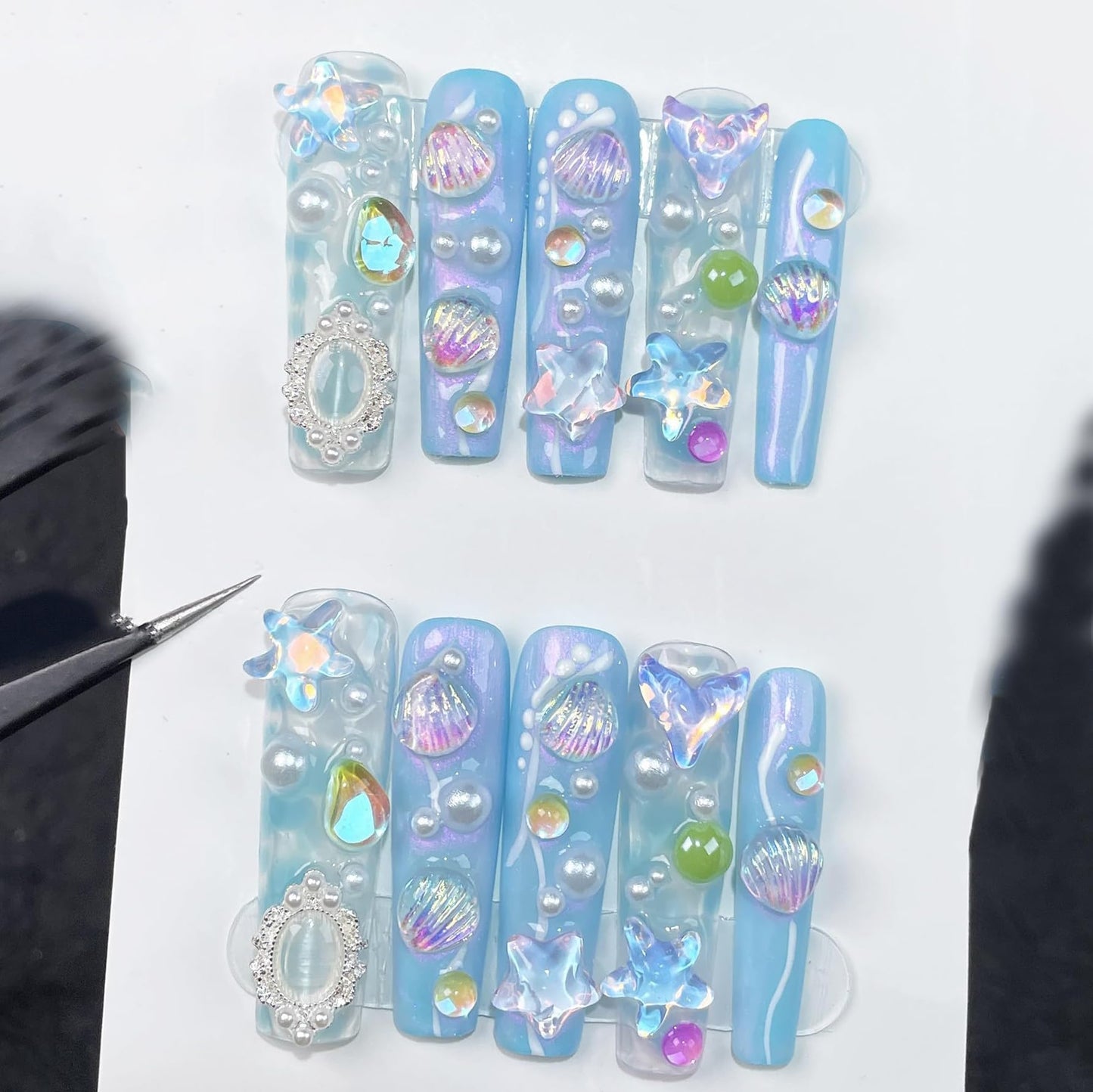 LIFOOST Aurora Blue Handmade Press on Nails Dreamy Ocean Ice Transparent 3D Shell Star Pearls Charms Fake Nails Mermaid False Nails Extra Long Coffin Press ons for Summer, Size M