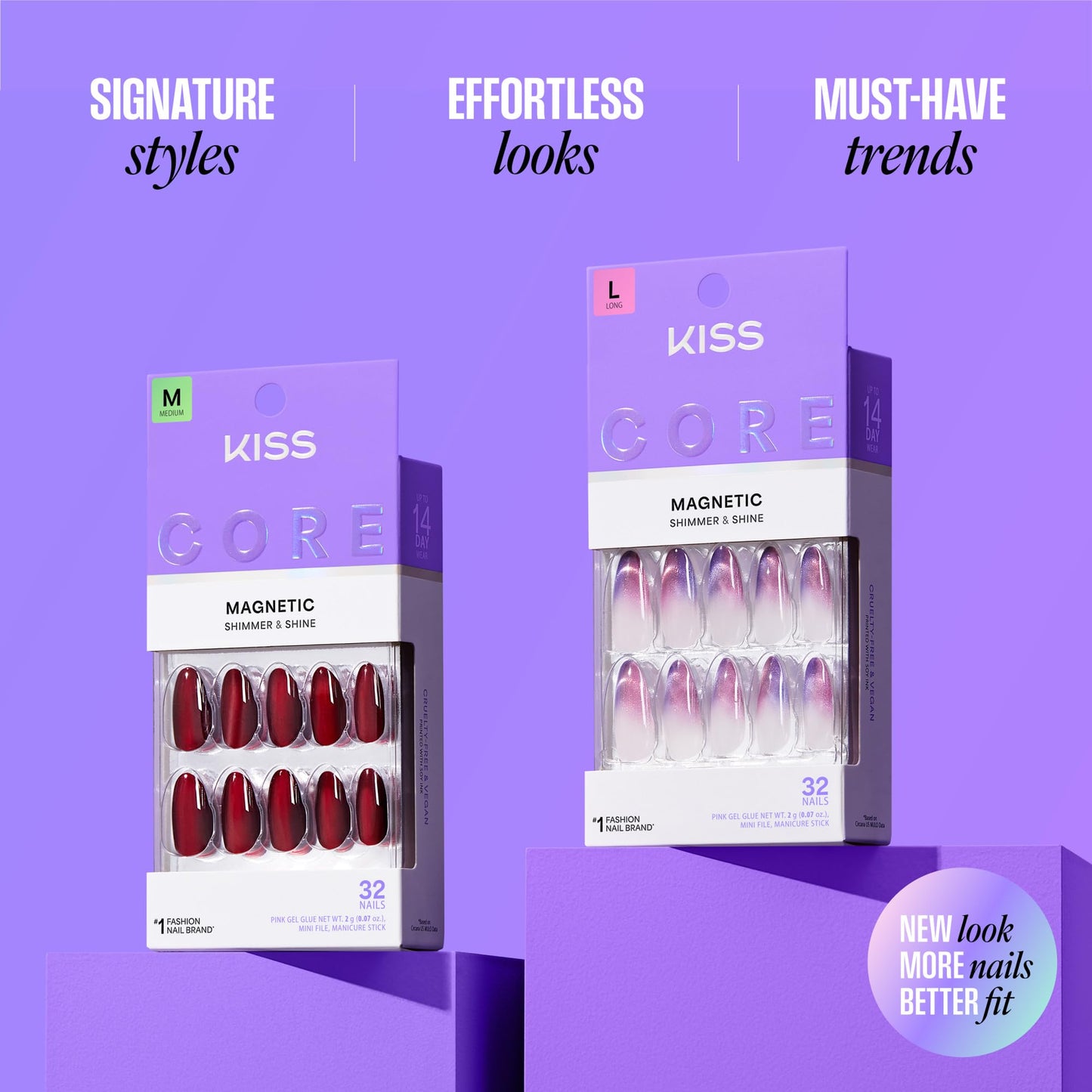 Kiss Core, Press On Nails, Nail glue included, 'Glittering', Purple, Medium Size, Almond Shape, Includes 32 Nails, 2g Glue, 1 Manicure Stick, 1 Mini File
