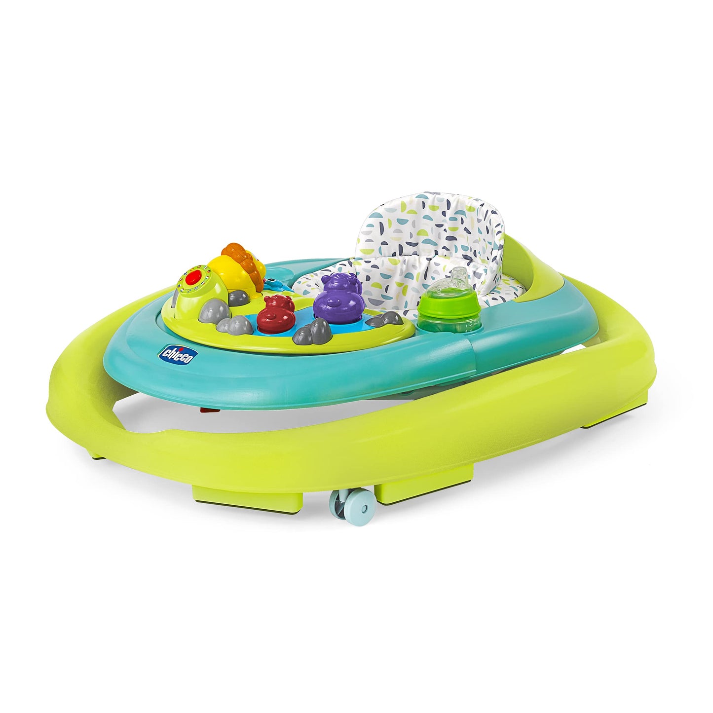 Chicco Walky Talky Foldable Baby Walker, Multilingual Play Tray with Music and Lights, 3 Height Adjustments, Brake Pads, for Children up to 26 lbs., Compact Fold, Circles/Grey/Green