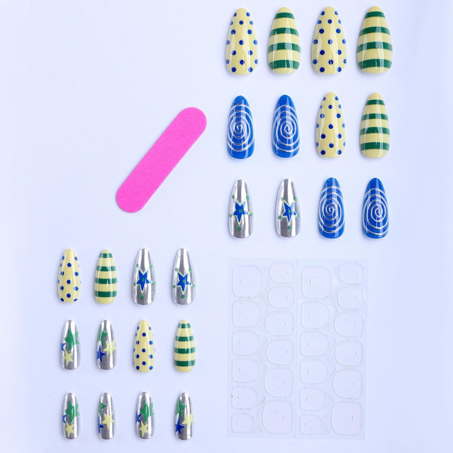 octoswave Long Almond Press on Nails Star and Swirl Design Colorful False Nails for Party and Travel 24Pcs