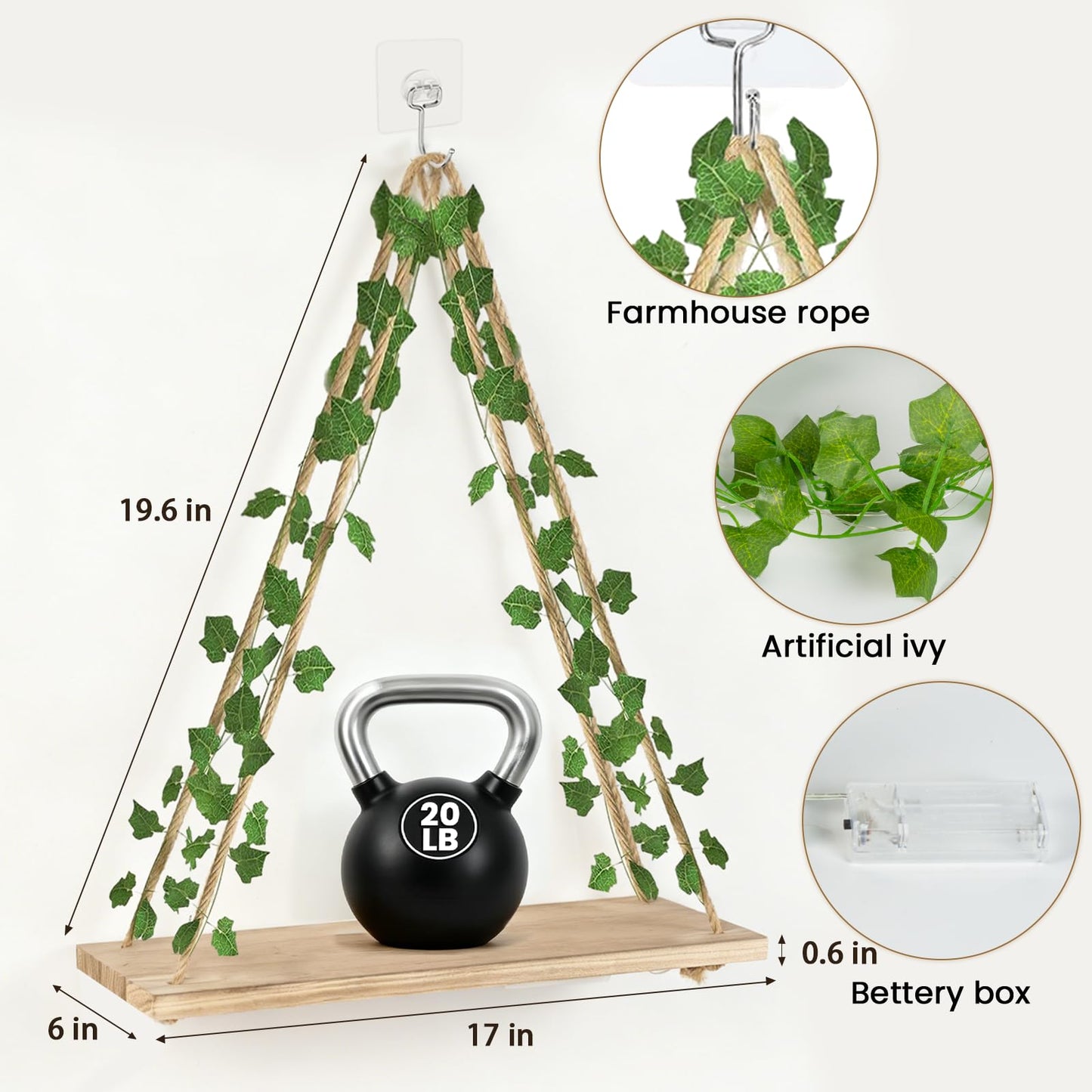 RICHER HOUSE Macrame Floating Shelves for Wall No Drilling, Boho Hanging Shelf with Artificial Ivy and LED Lights, Plant Wall Decor for Living Room Bedroom Dorm