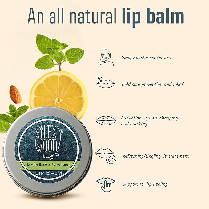 The Ilex Wood - Vegan All Natural Lip Balm - Lemon Balm and Peppermint - Cold Sore Treatment for Lips, Palm Oil Free, Cruelty Free, Plastic Free, Moisturising Lip Balm, Handcrafted - 10ml (0.34 fl oz)