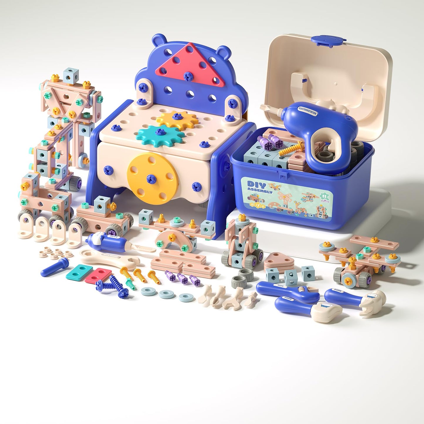 Ruiyisi Kids Tool Set, 206 PCS Toddler Tool Set with Tool Box & Electronic Toy Drill, Pretend Play Construction Kits for Kids Boy Girl Ages 3+ Toddler Boy Toys (Blue)