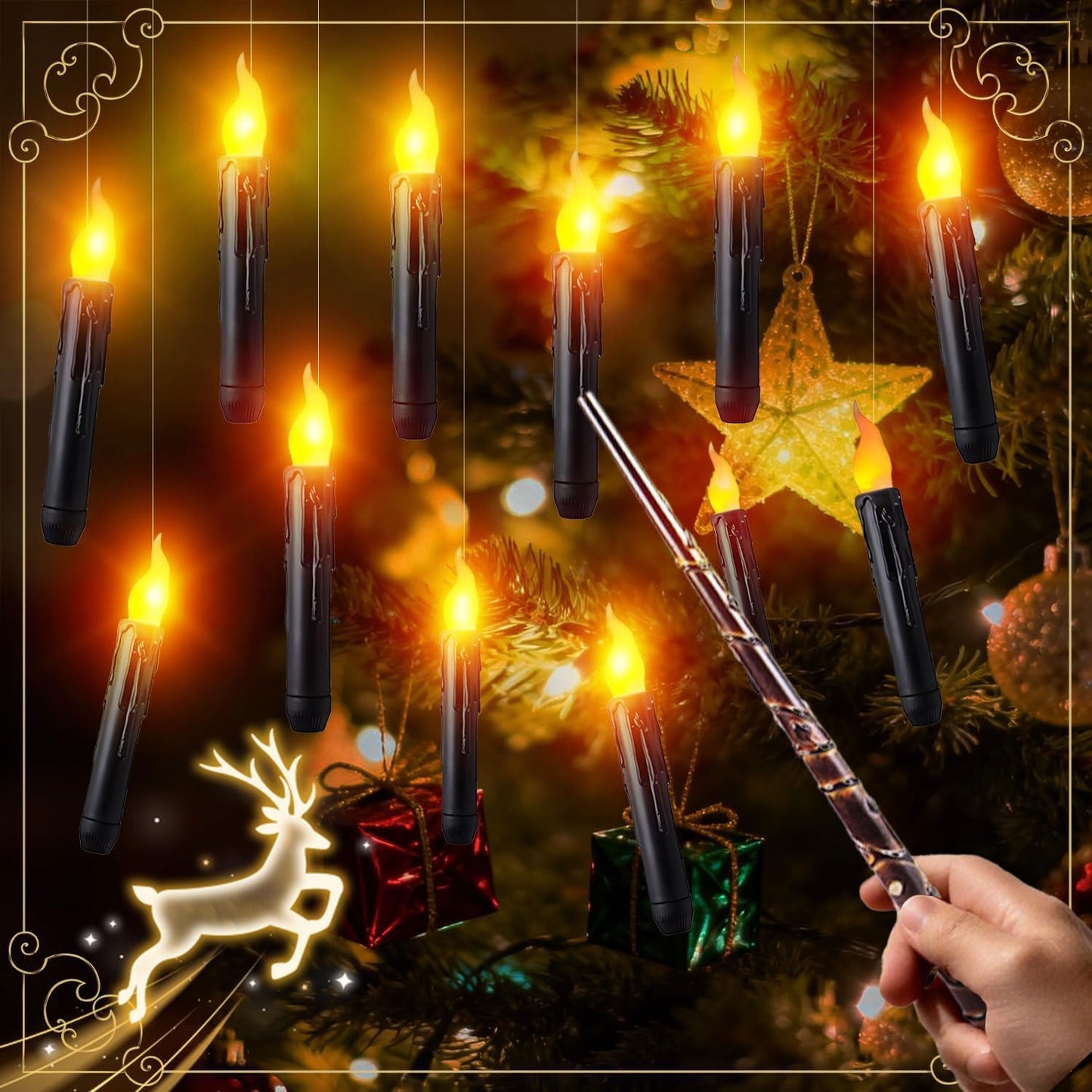 Floating Candles with Magic Wand Remote - 12 Pack Black Battery Operated Flickering Hanging Flameless LED Candle Lights,Realistic Taper Candles with String for Halloween,Christmas,Windows,Ceiling