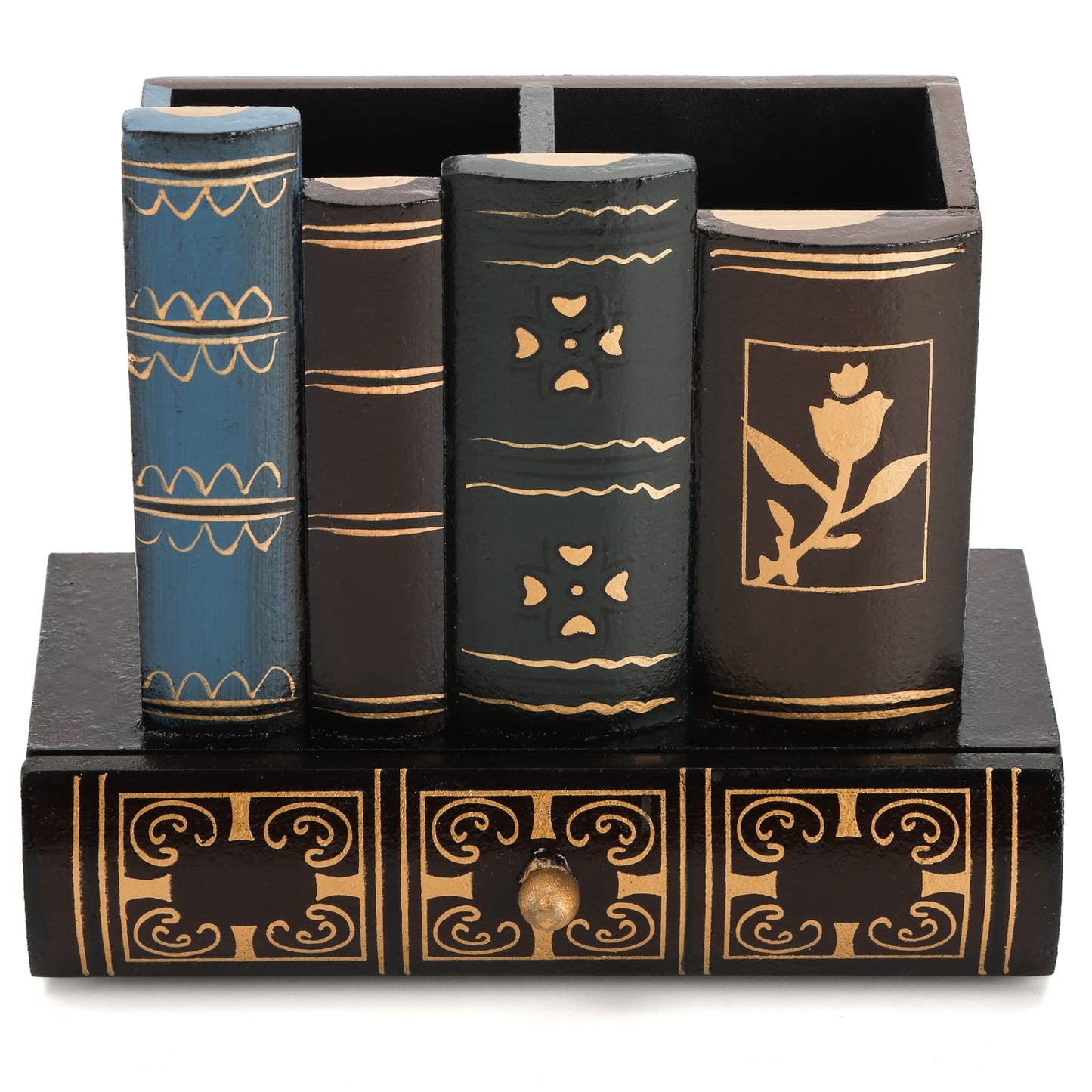 Tosnail Decorative Pen Holder with Storage Drawer, Wooden Pencil Holder Organizer, Antique Library Books Design Pen Cup Caddy, Desk Organizer for Office Supplies, Countertop, Desk, Table Accessory