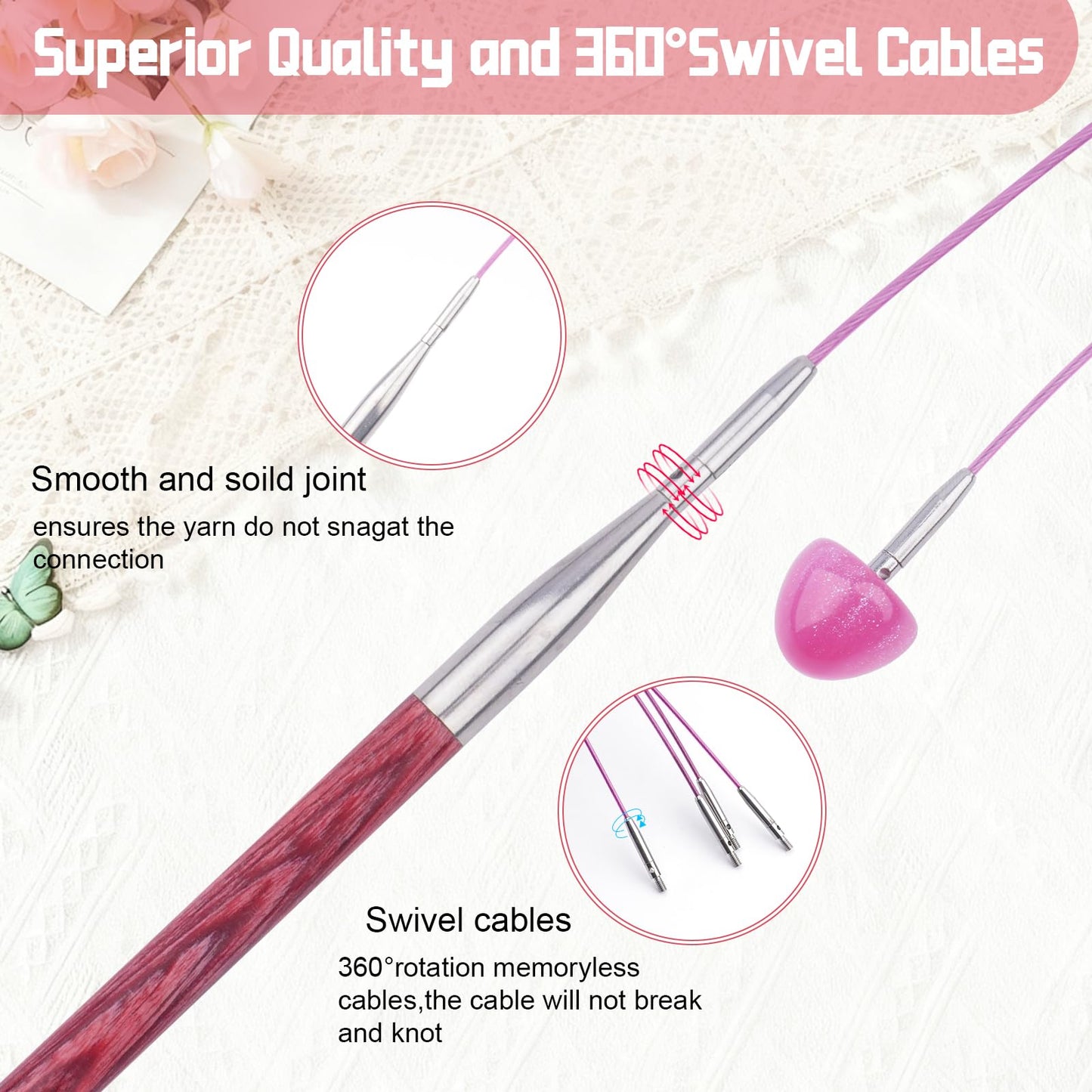 Weabetfu 4.3-inch (11cm) Interchangeable Circular Knitting Needles Set Birch Wood Circular Needles US Sizes 4,5,6,7,8,9,10,10.5 with Round Knitting Needle with Flexible Cables,8 Pairs