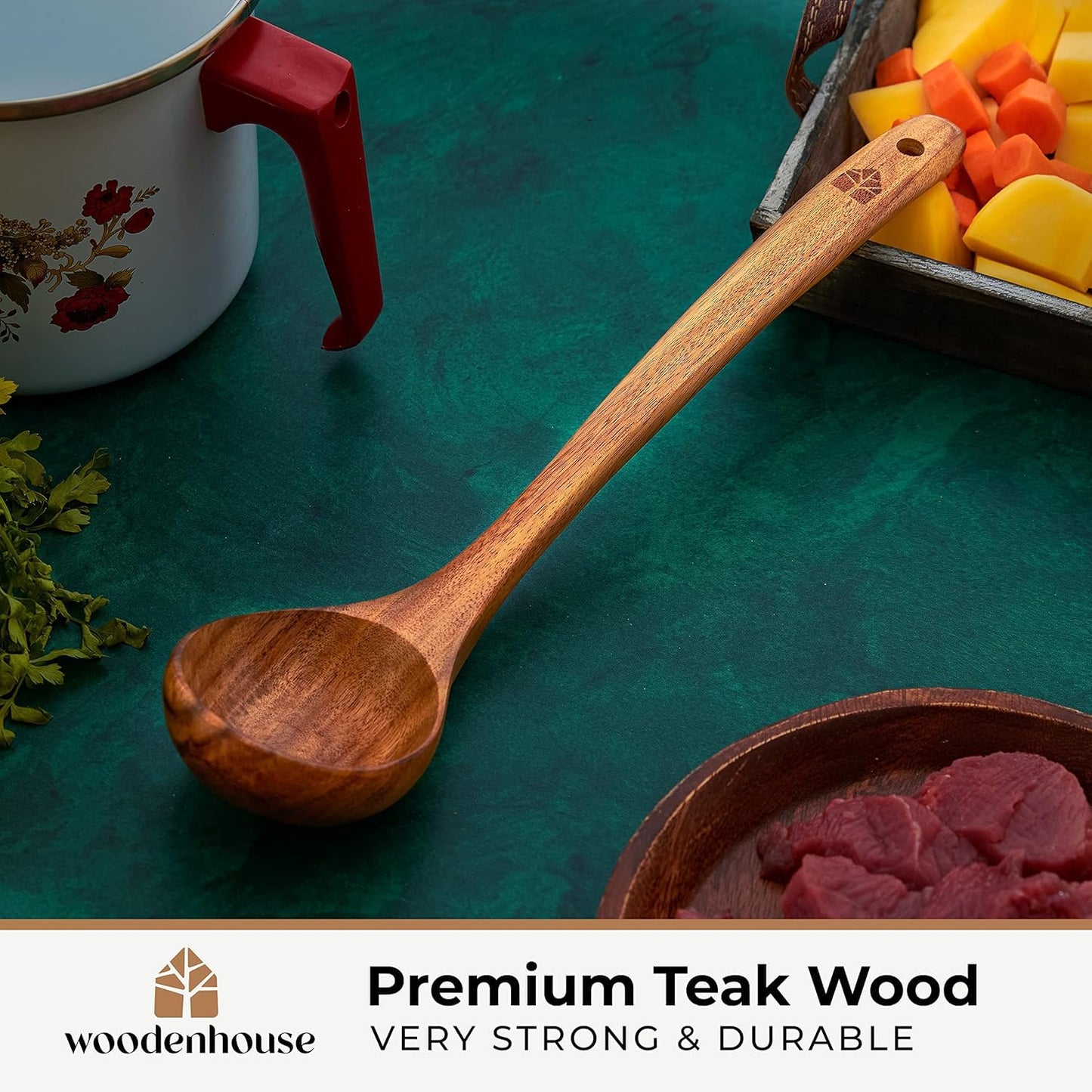 Wooden Ladle for Cooking, Soup Spoon Ladle – Teak Wooden Serving Spoon, 12.4″ Handle, Medium Scoop Size 2 oz – Eco Friendly, Natural and Sustainable