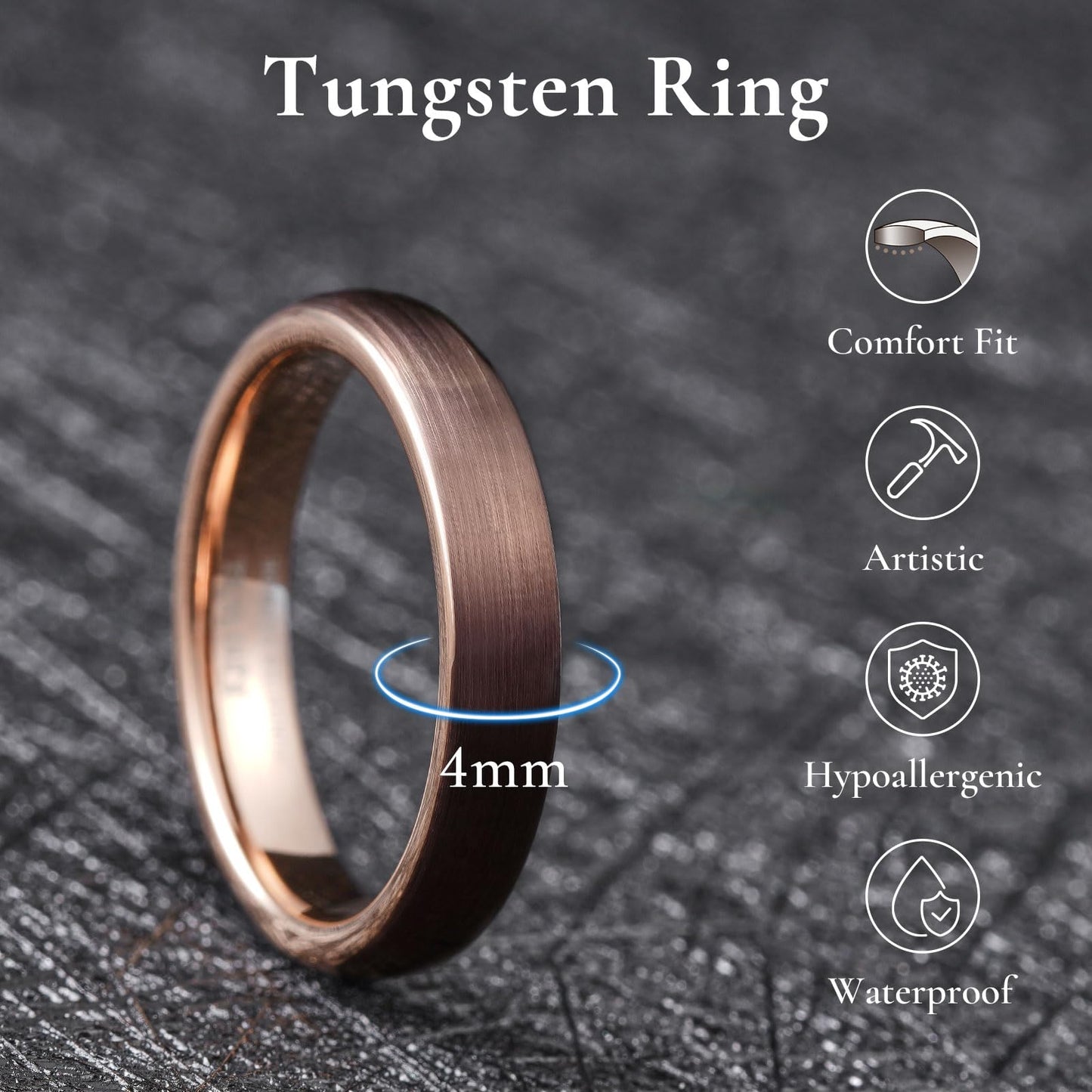 King Will 4mm Brown & Rose Gold Plated Wedding Band for Women Men, Domed Brushed Two Tone Tungsten Carbide Rings for Men, Comfort Fit, Durable, Size 10.5