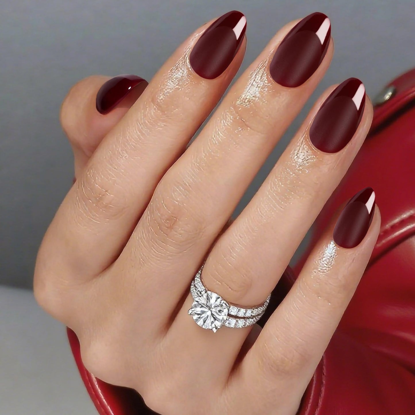 Press On Nails Short Almond Dark Red Nails with Glossy French Tips in a Matte Finish 16 Sizes - 32 Nail Kit with Glue