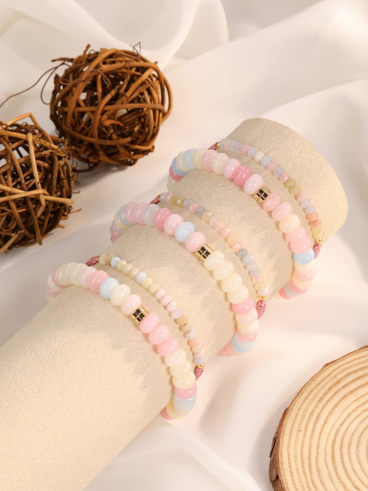CrystalTears Morganite Beaded Bracelets for Women, 2pcs Stackable Boho Crystal Gemstone Bracelets Set with Stretch Bracelet and Adjustable Braided Bracelet Summer Beach Jewelry Gifts for Women Her