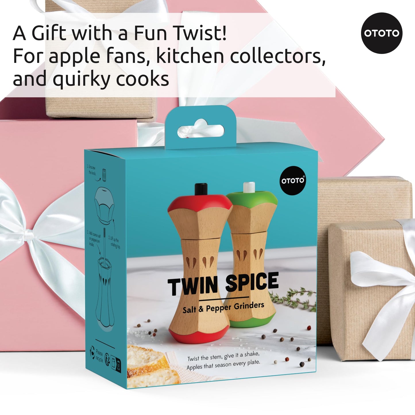 OTOTO Twin Spice Salt and Pepper Grinder Set - Apple-Designed Unique Kitchen Gadgets, Cute Kitchen Accessories, Pepper Spice Grinder, Salt and Pepper Shakers Set, Apple Gift, Kitchen Cooking Gifts