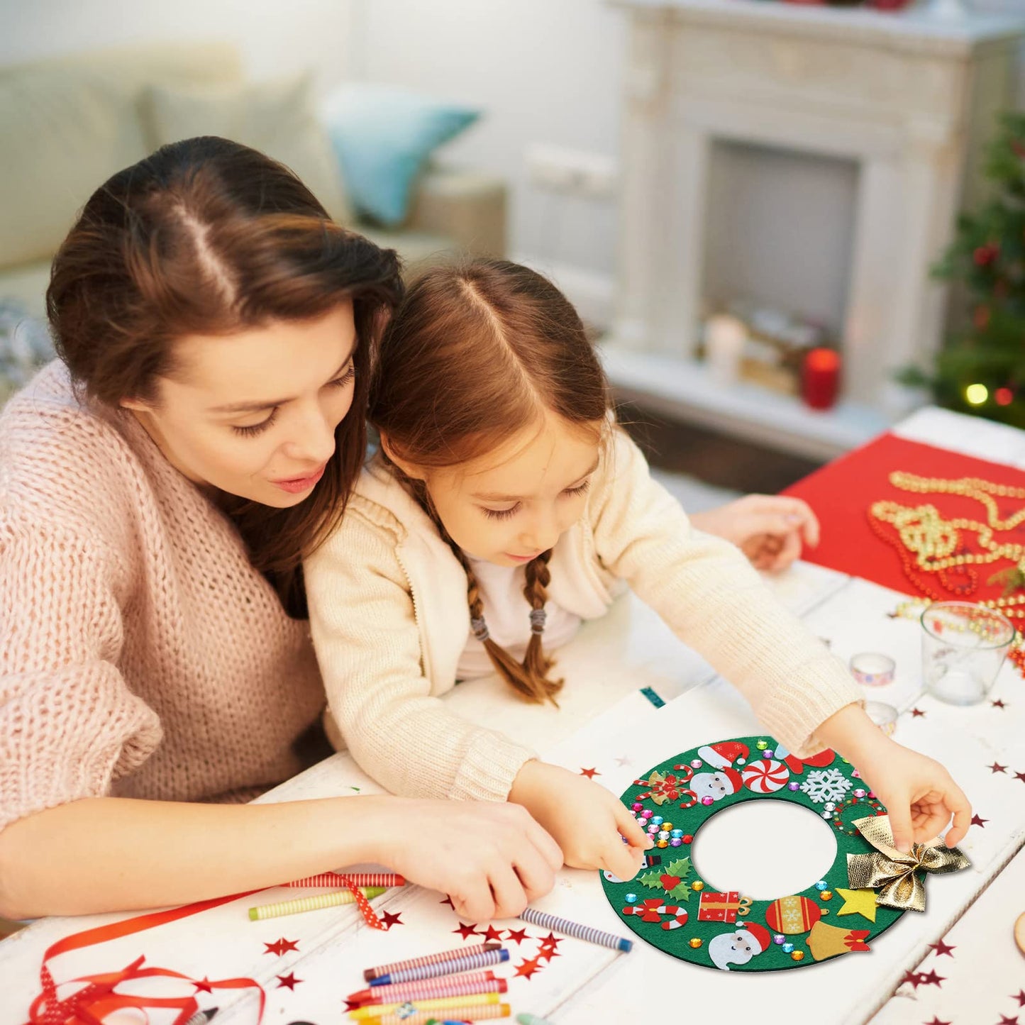 Tatuo 12 Pcs Felt Christmas Tree Wreath Decorating Craft Christmas DIY Ornaments Making Kit with 221 Self Adhesive Felt Stickers 12 Bows and 5 Gem Stickers (Wreath Style and Trees Style)