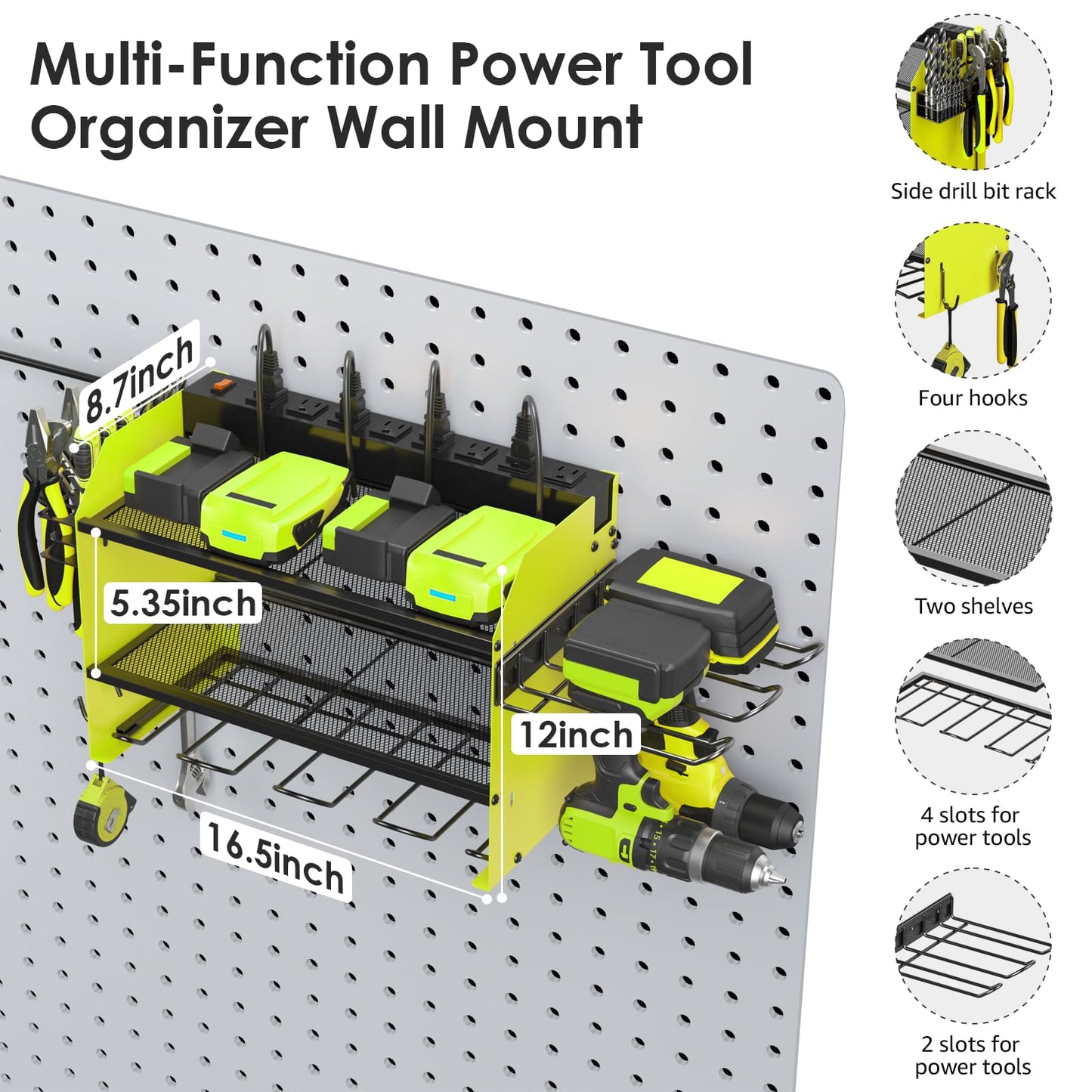 CCCEI Modular Power Tool Organizer Wall Mount Charging Station, Green 6 Drills Holder with 8 Plug Power Strip 10FT, Garage Drill Battery Heavy Duty Metal Shelf, Utility Rack with Hooks, Side Storage.
