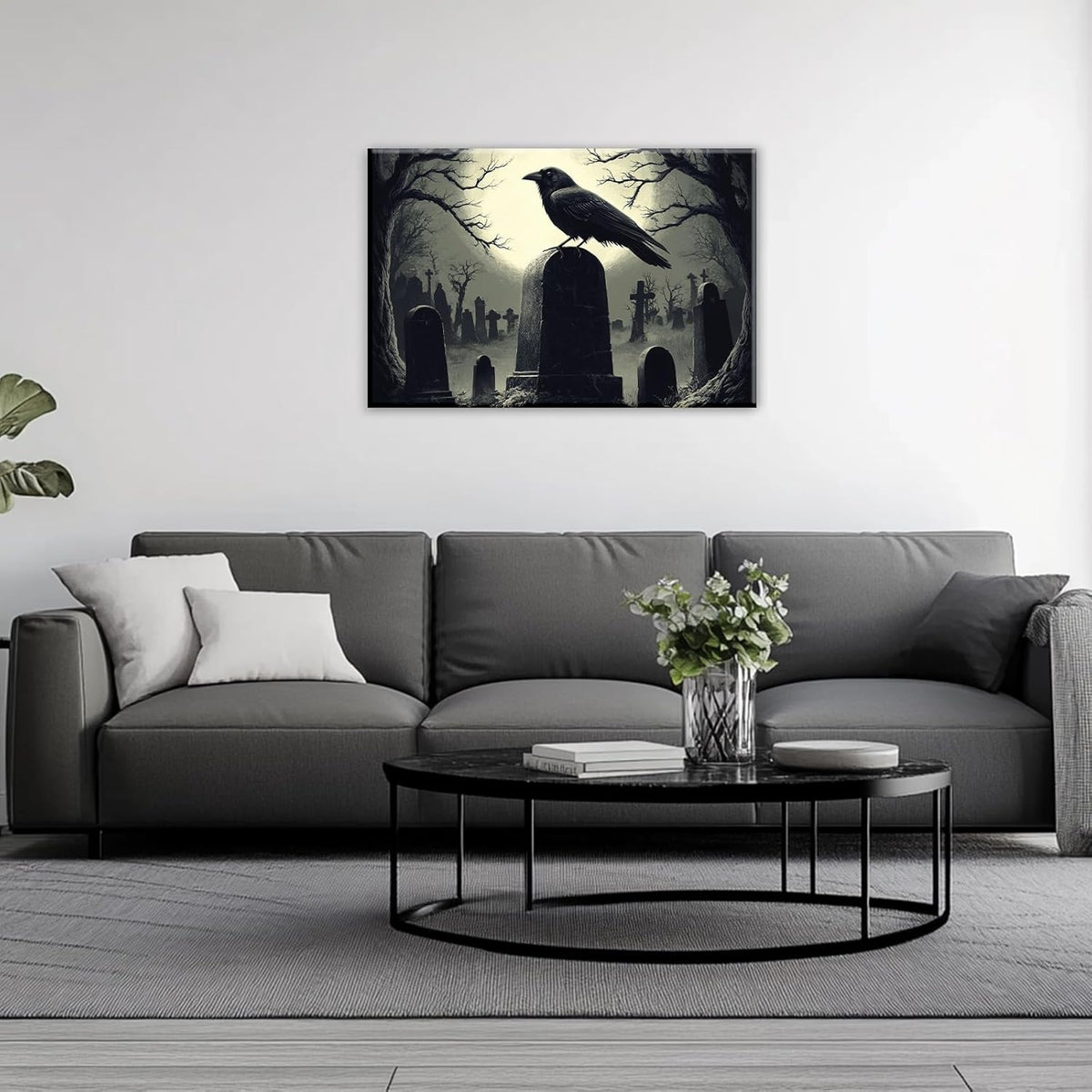 Crow Canvas Wall Art Gothic Black Bird On Branch Painting Print Spooky Forest Full Moon Scenery Poster Artwork Framed Halloween Home Decor(Artwork-3,24"x36")