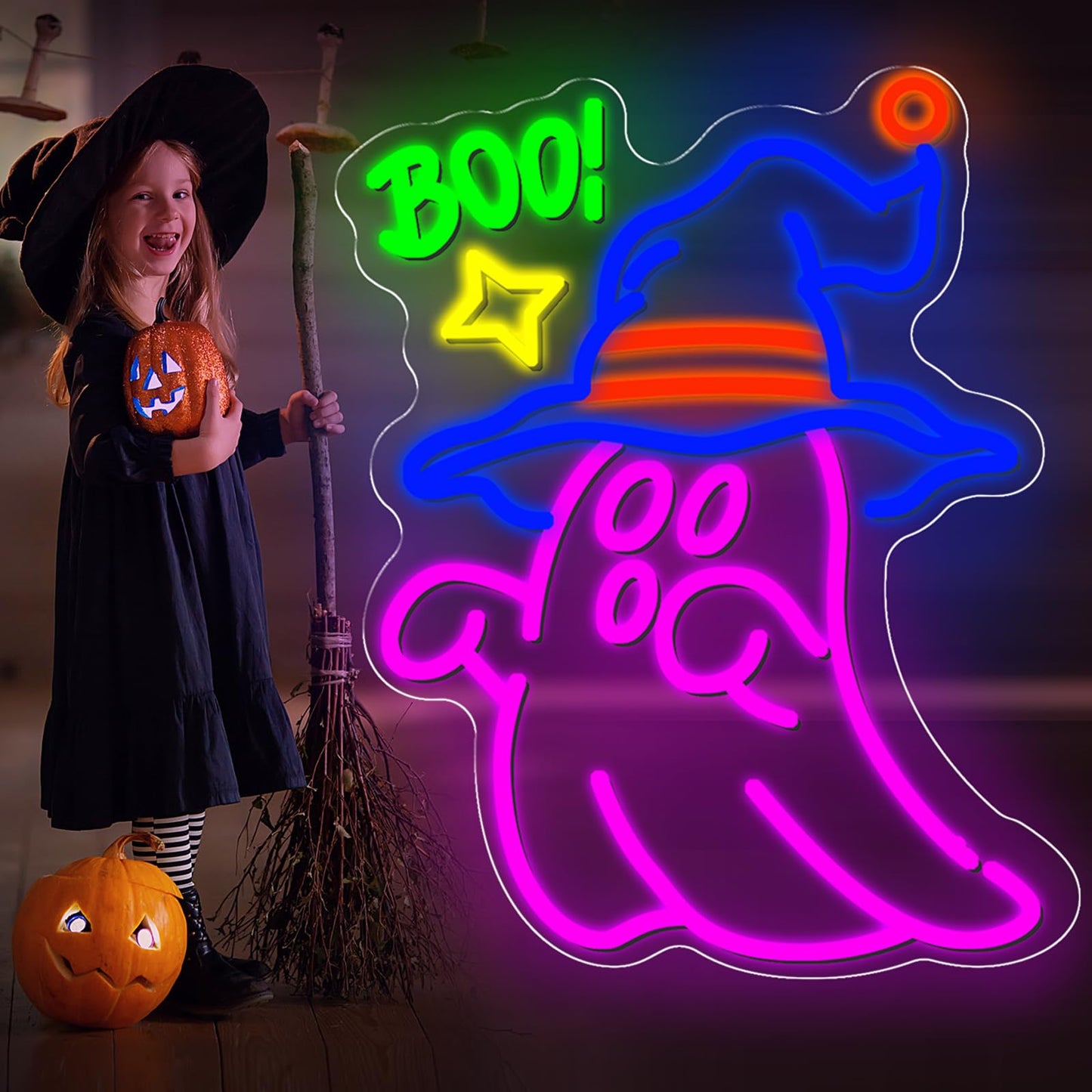 Boo Ghost Neon Sign, Cute Halloween LED Wall Light with Adjustable Brightness, Spooky Neon Decor for Kids Room, Horror Theme Bedroom, or Halloween Decor