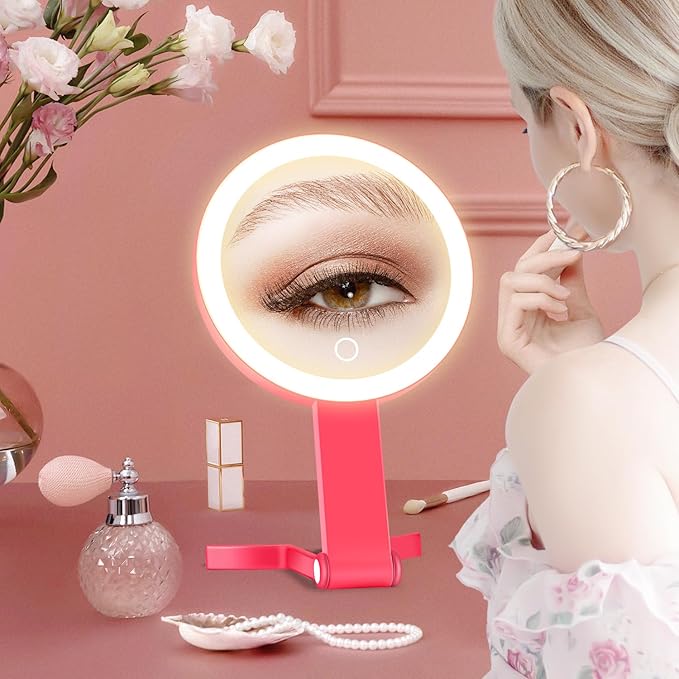 Lighted Makeup Mirror, 30X Magnifying Mirror with Light, Hanging and Handheld Mirror with Handle, Red