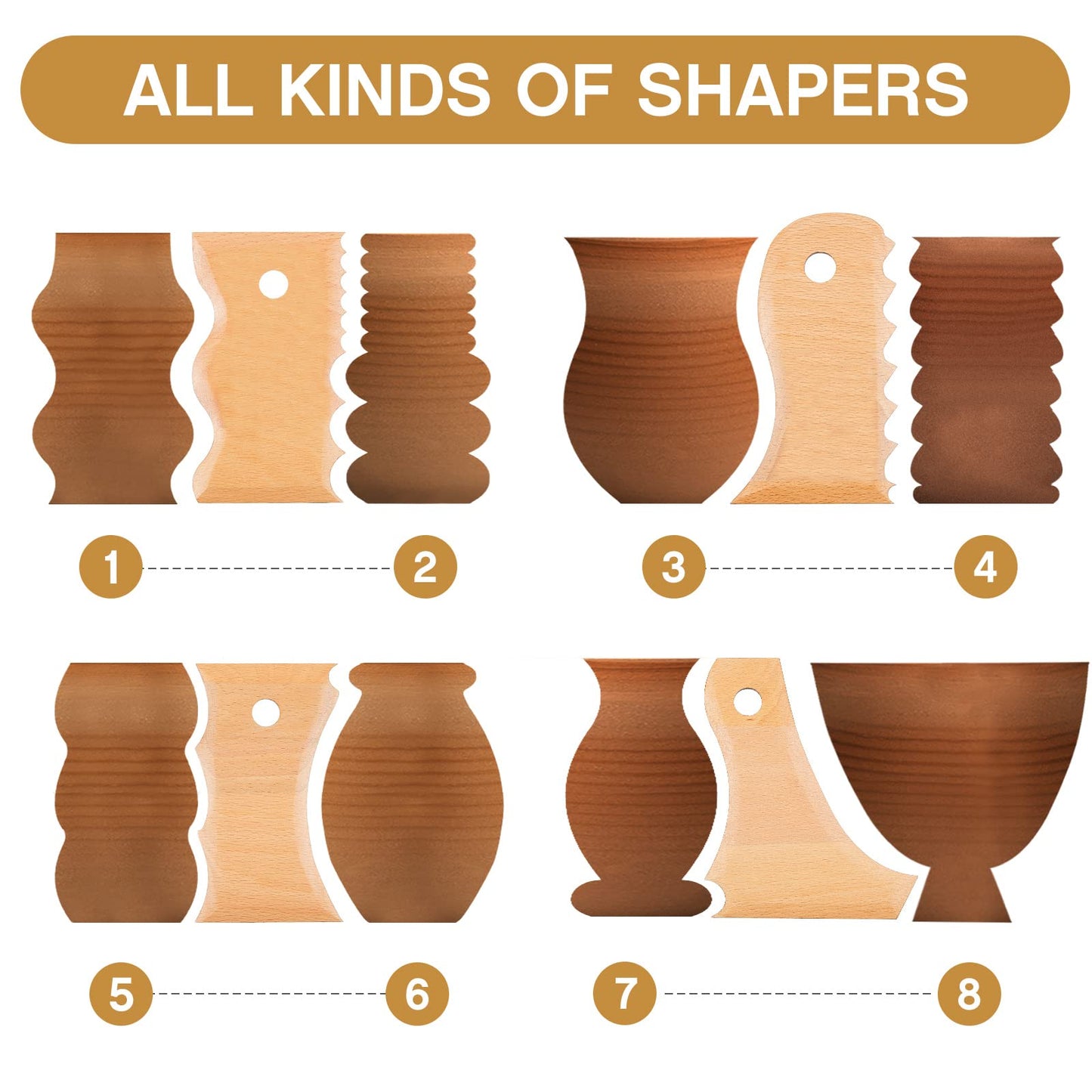 Amylove 7 pcs Big Size Pottery Foot Shaper Tools Pottery Trimming Tools Ceramics Profile Rib Bundle Foot Shaper for for Carving Clay Molds Clay Ceramics, Beech Wood