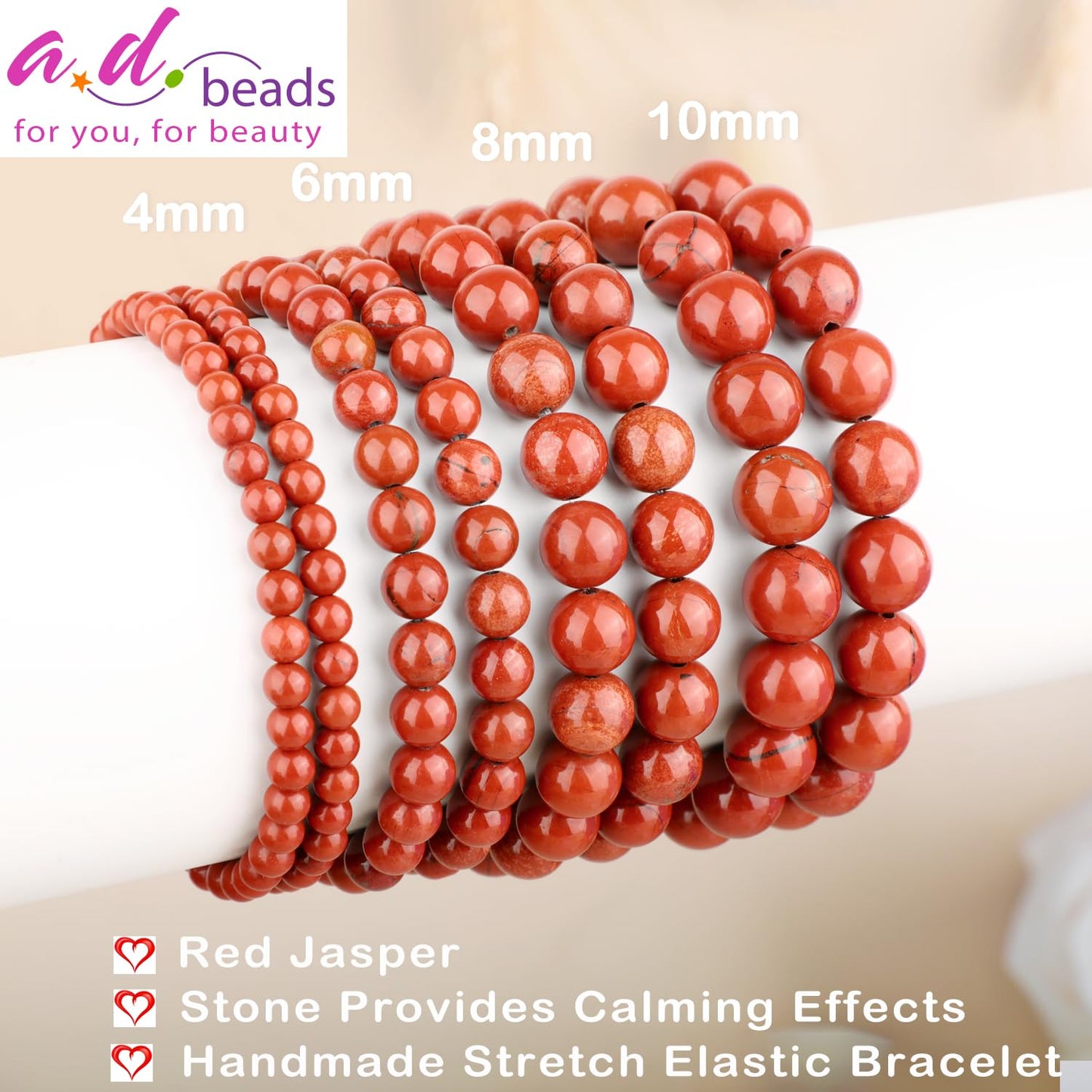 AD Beads 6mm Handmade Red Jasper Elastic Bracelet – Natural Gemstone for Stone provides Calming Effects – Meditation, Yoga, Healing and Energy Gift for Men Women