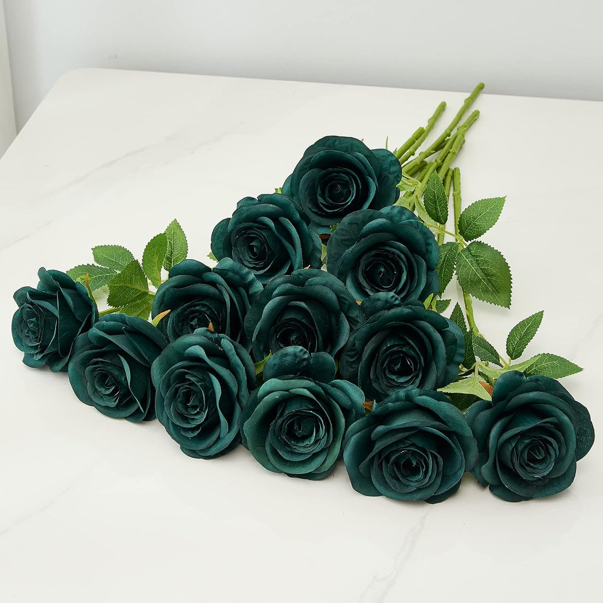 12PC Peacock Green Roses Artificial Flowers Fake Roses Silk Flowers Roses with Long Stems for Wedding Home Party Centerpieces Decorations