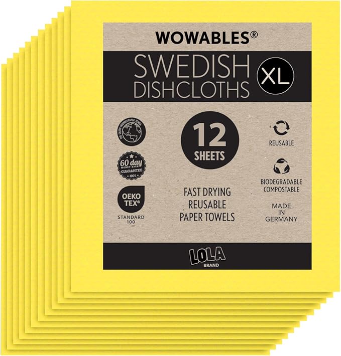 LOLA Wowables XL Swedish Dishcloths, 12 Reusable Eco Cleaning Cloths, 11" x 10", Ultra Absorbent Cellulose Sponge Towel, Compostable, Made in Germany