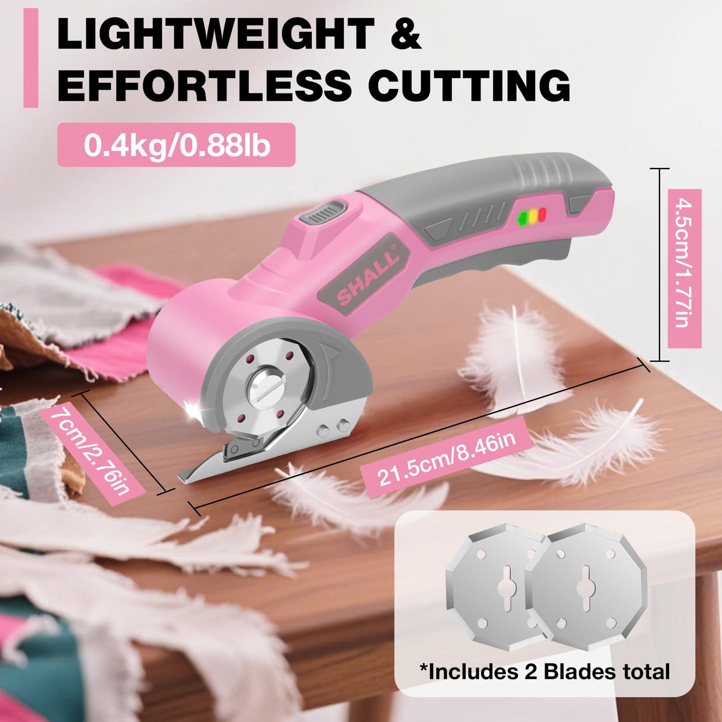 SHALL 4V Cordless Electric Scissors, Rechargeable Cardboard Cutter, Rotary Electric Box Cutter w/Safety Lock, LED Light & Replacement Blade for Fabric, Leather, Carpet, Cardboard & Plastic, Pink/Grey