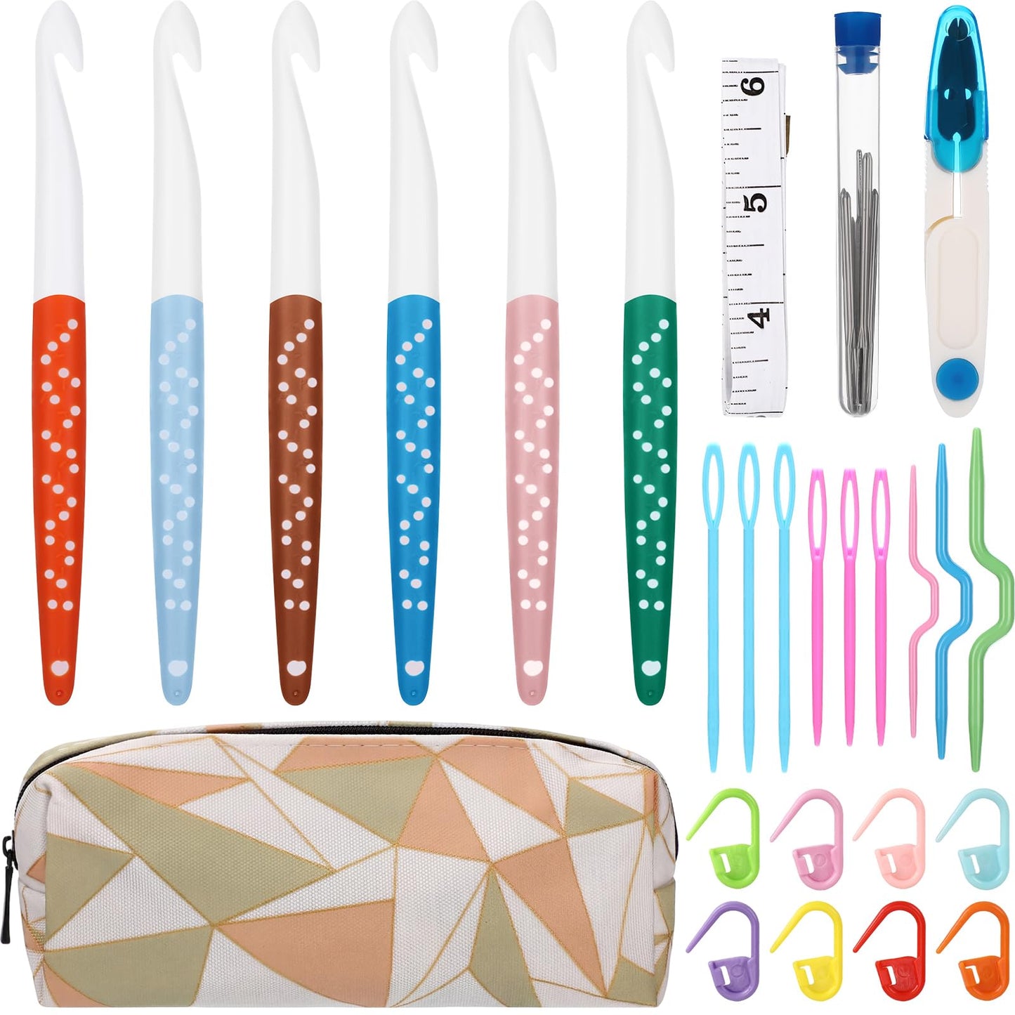 Rivvlive 30 Pcs Large Crochet Hooks Set 6 Sizes 6mm-12mm Colorful Crochet Hooks with Ergonomic Handles, Case and Knitting Needles Kit Supplies for Beginners Crafters DIY Handmade Crocheting Lover Gift