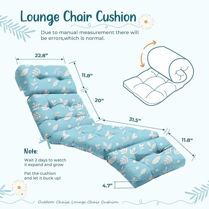 4 Pack Outdoor Chaise Lounge Chair Cushion 75.1 x 22.8 x 4.7 Inches 100% Waterproof Replacement Cotton Patio Pool Lounge Chair Cushion for Outdoor Furniture with Ties, Blue Butterfly