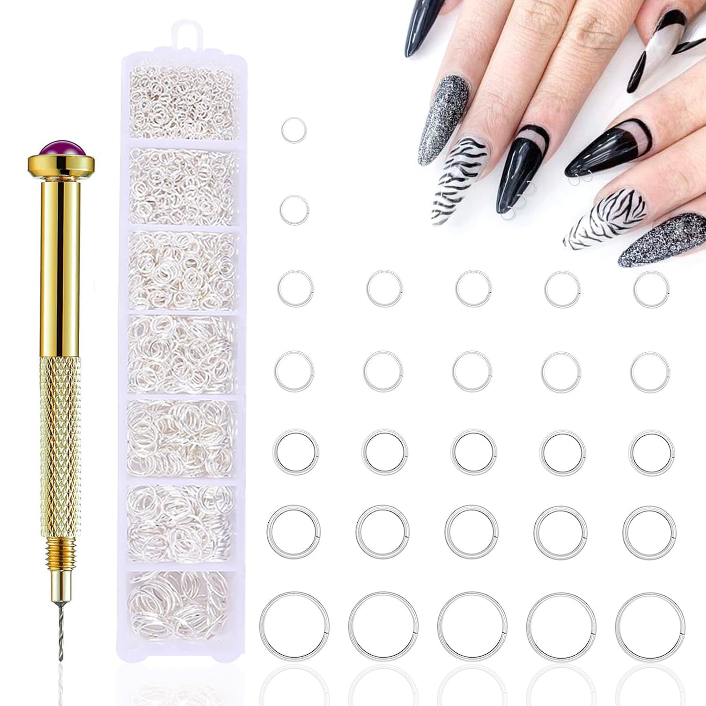 DANNEASY 1070pcs Silver Nail Art Dangle Charm Piercing Tool Hand Drill, Piercing Charms, Jump Rings, Connectors, Accessories for Jewelry Craft Making