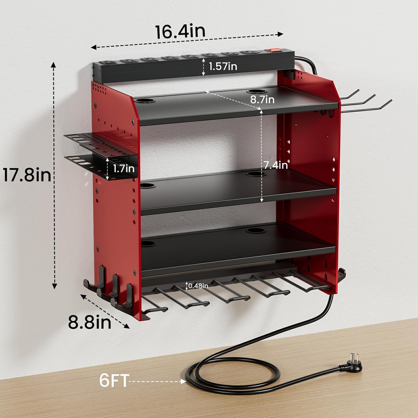 Power Tool Organizer Wall Mount with Charging Station, Garage 4 Drill Storage Shelf with Cordless Tool Holder, Heavy Duty Rack with 8 Outlet Power Strips and Hooks, Gift for Men, Husband (4 Layer)