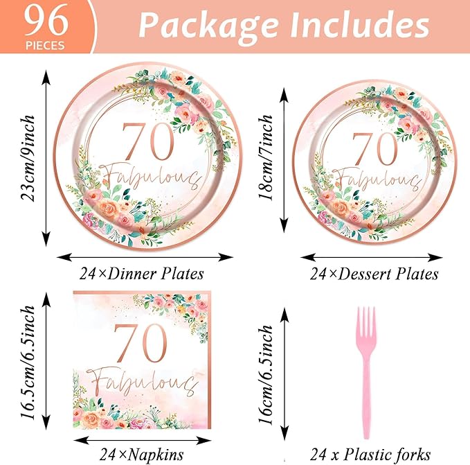 OBUSATT 96Pcs Floral 70 Fabulous Party Supplies 70th Birthday Paper Plates Napkins Rose Gold Party Decorations 70 Years Dinnerware Party Favor Women 70th Tableware Serves 24