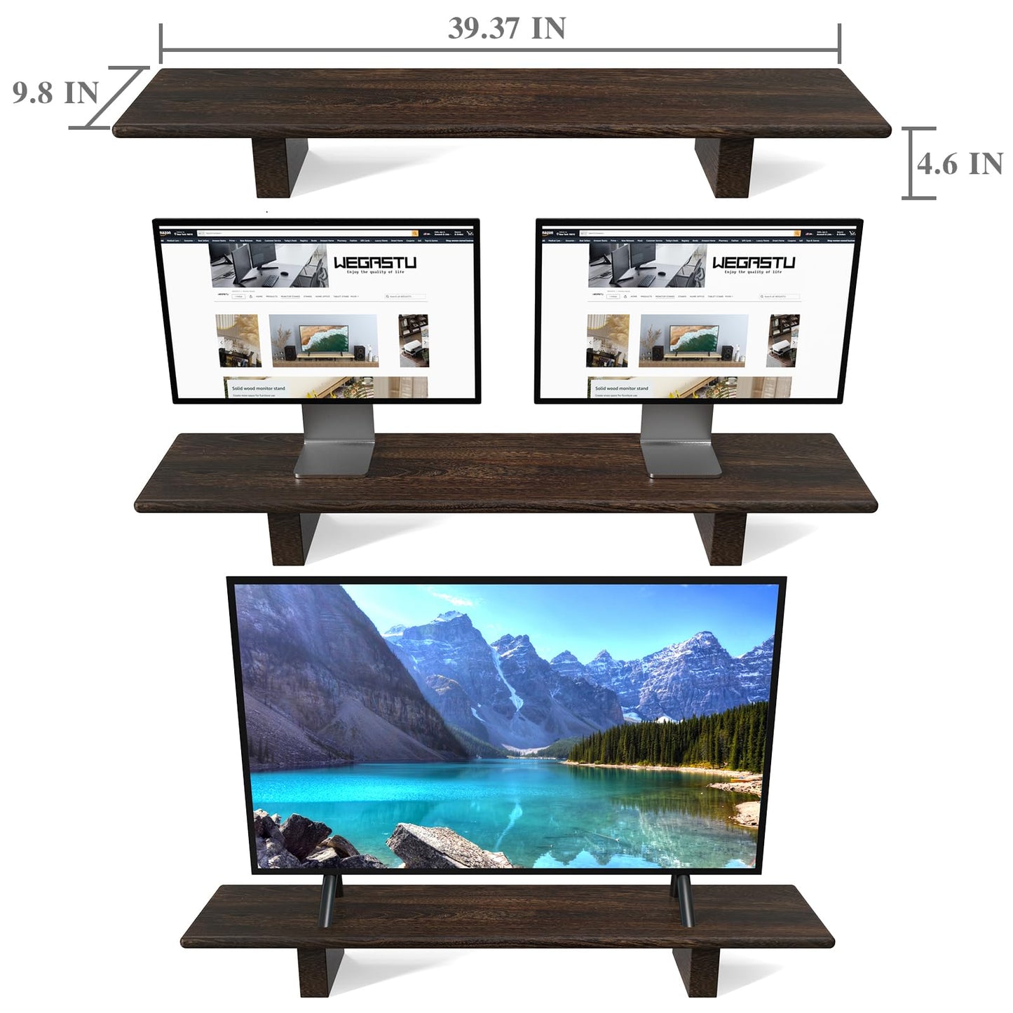 "WEGASTU Solid Wood Rustic Desk Monitor Stand with Storage，Large Dual Monitor Stand Riser for Laptop Computer/TV/PC/Printers, Perfect Desktop Stands Organizer with Underneath Storage for Office