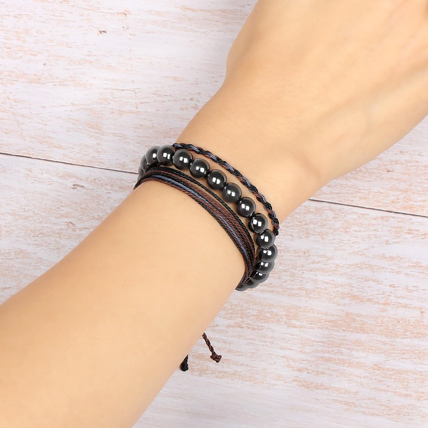 QOGIR Handmade Healing Bracelets,8mm Natural Hematite Gem Stone Beads Bracelet,for Men Women Gifts with 2PCS Size Adjustable Rope Bracelets