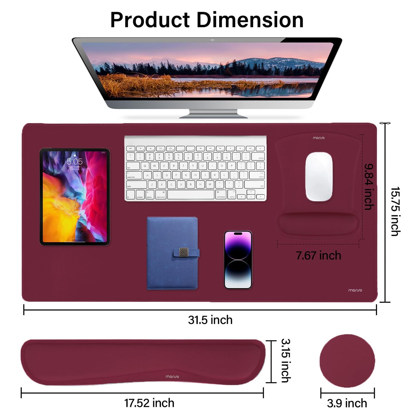 MOSISO Keyboard Mouse Pad Set, Large Gaming Mousepad&Keyboard Wrist Rest&Mouse Wrist Rest&Coaster, Ergonomic Non-Slip Mousepad&Easy Typing Cushion with Memory Foam for Home Office, Wine Red