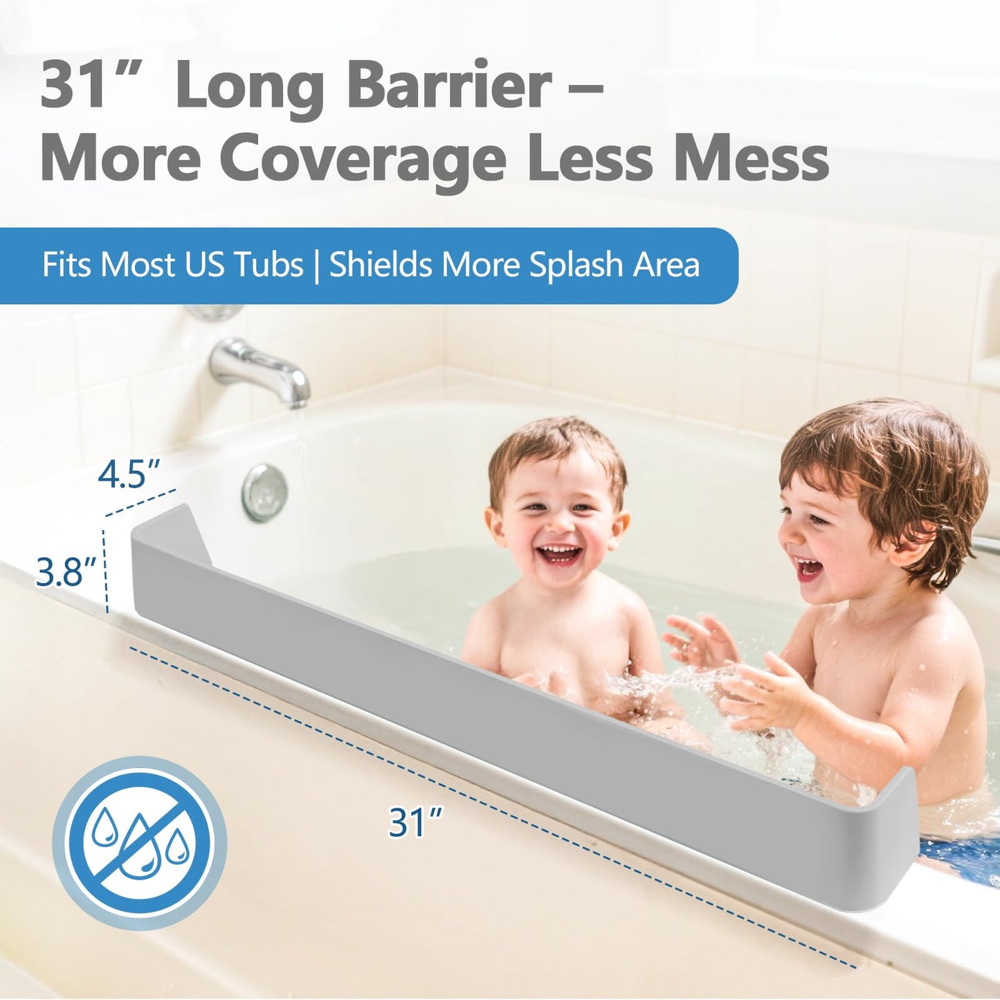 Akrelyan 31.5" Bathtub Splash Guard for Tub Kids, Silicone Splash Shield with 11 Suction Cups, Toy Tray Shelf, No Spill Water Barrier, Prevents Mess, Fun Bathtime for Toddlers Baby–Gray