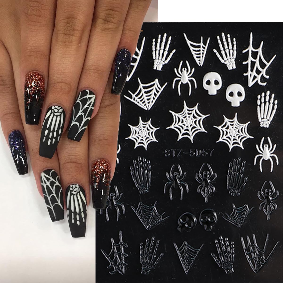 8Sheets Halloween Nail Stickers for Nail Art 5D Embossed Skull Ghost Nail Decals Self-Adhesive Pumpkin Spider Bat Eyes Skeleton Designs Horror Goth Nail Art Stickers for Women DIY Manicure Decoration