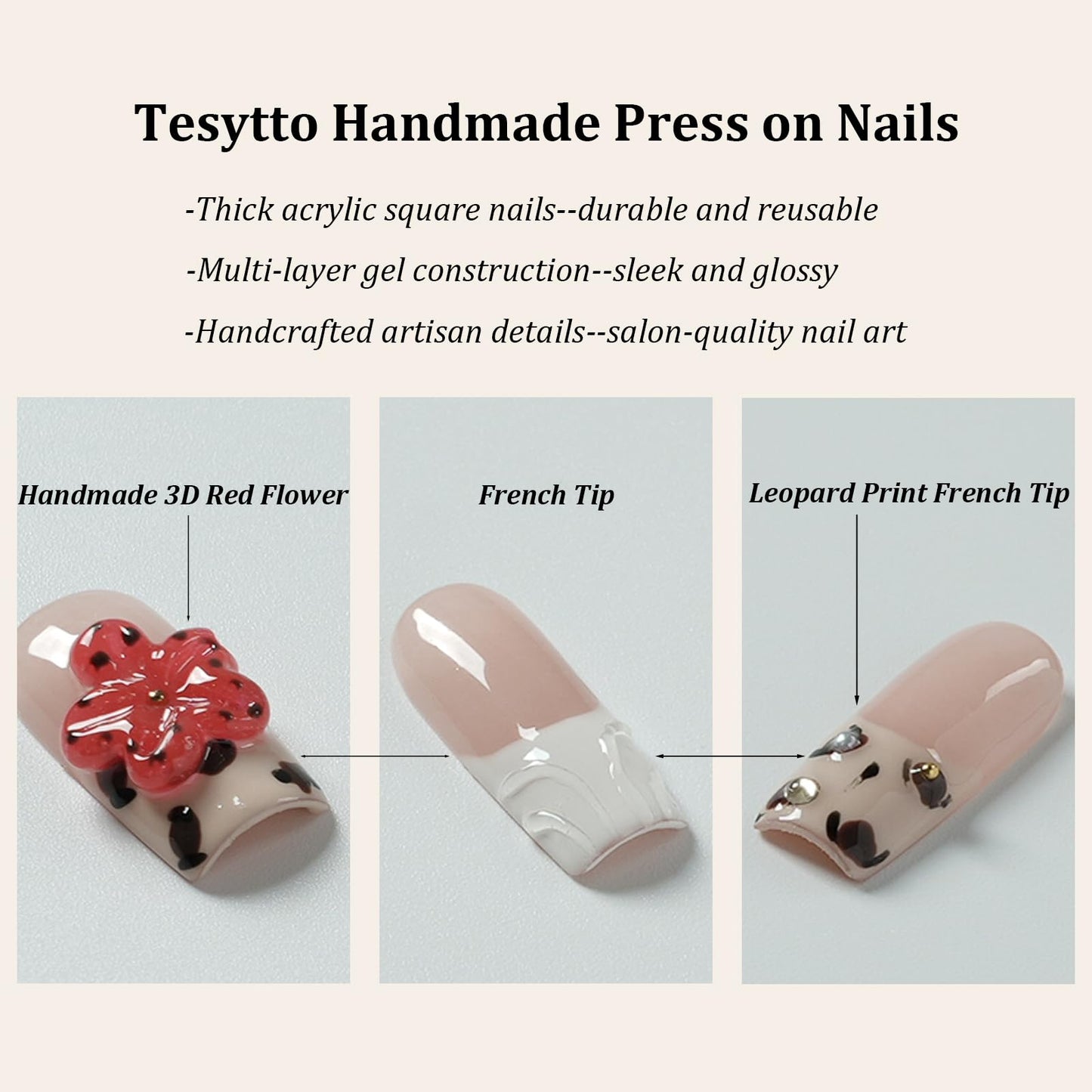 Tesytto Press On Nails Medium Square Red Flower Design, Handmade Acrylic Fake Nails with Leopard Print White French Tip, Reusable Glossy False Nails for Women Girls (Embossed French Leopard Bloom,M)