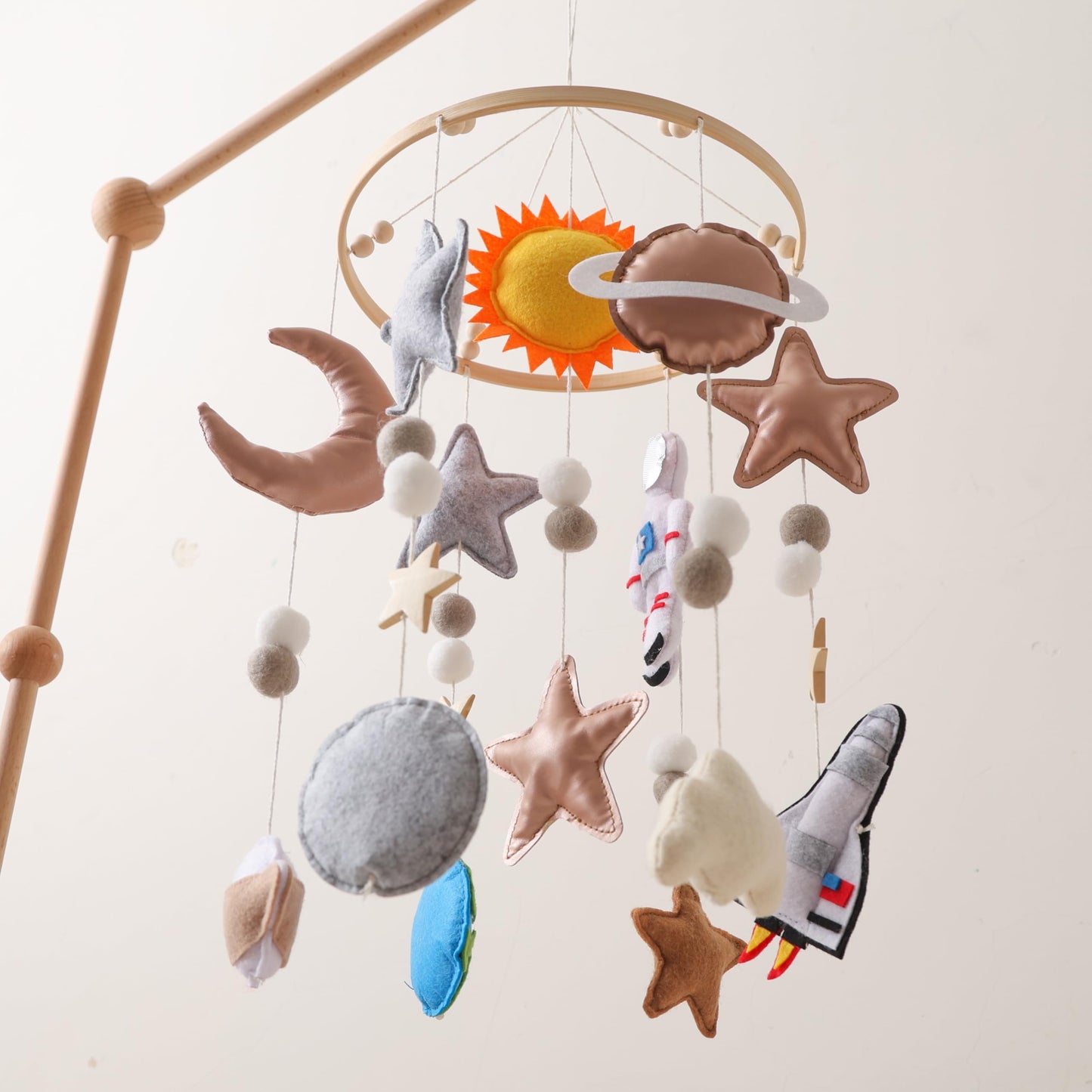 Baby Mobile for Crib – Handmade Space Baby Crib Mobile with Astronaut, Rocket & Planets, Nursery Mobiles Felt & Leather Hanging Toy with Beech Wood Ring, Mobile for Crib Bassinet Decor