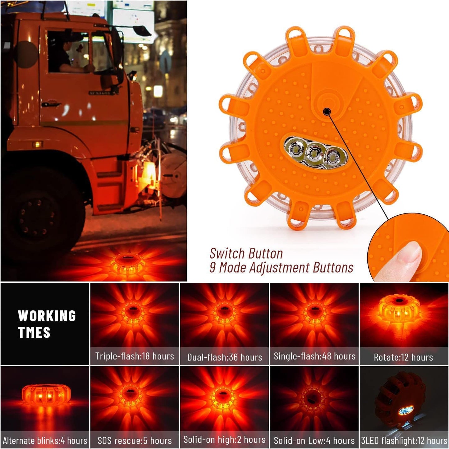 HEIGPAN GP908 8 Pack LED Road Flares Emergency Roadside Lights Safety Flashing Warning Beacon Disc Warning Flare Kit with Hook Magnetic Base for Car Truck & 9 Flash Modes (Batteries Not Included)