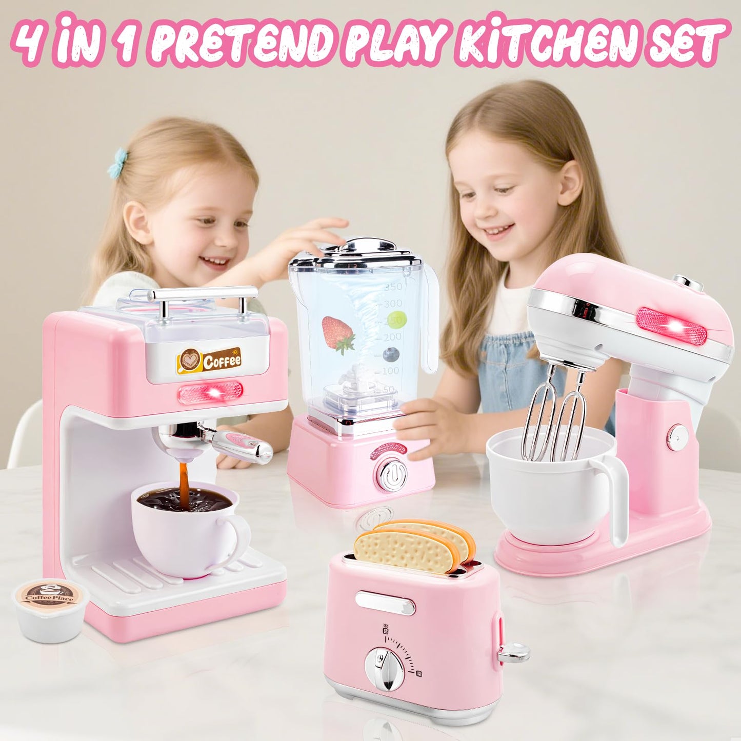 Play Kitchen Accessories,Toy Kitchen Appliances with Blender,Coffee Maker,Mixer,Toaster,Kids Kitchen Playset with Sound & Light,Play Kitchen Sets for Kids Ages 4-8,Pink Kitchen Toys for Girls Ages 3-5