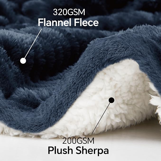 INFIIXSO Sherpa Fleece King Size Blanket - Super Soft & Warm Striped Fleece, Cozy Plush Fluffy Large Bed Blanket All Season Use (Navy Blue, 104x90 Inches)
