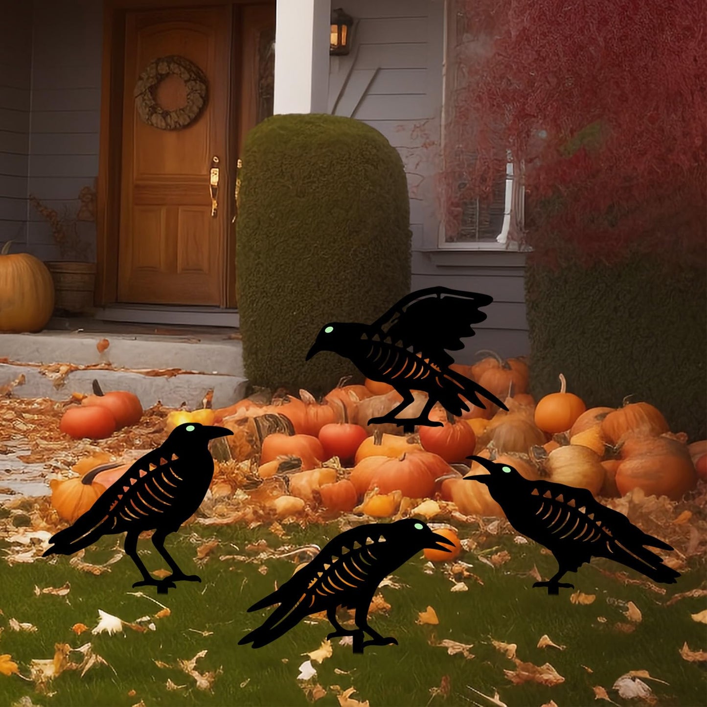 YY Gardenia Halloween Decorations Outdoor,Metal 4 Pack Black Crow Garden Stake - Spooky Glow in The Dark Raven Silhouette Crows Halloween Decorations