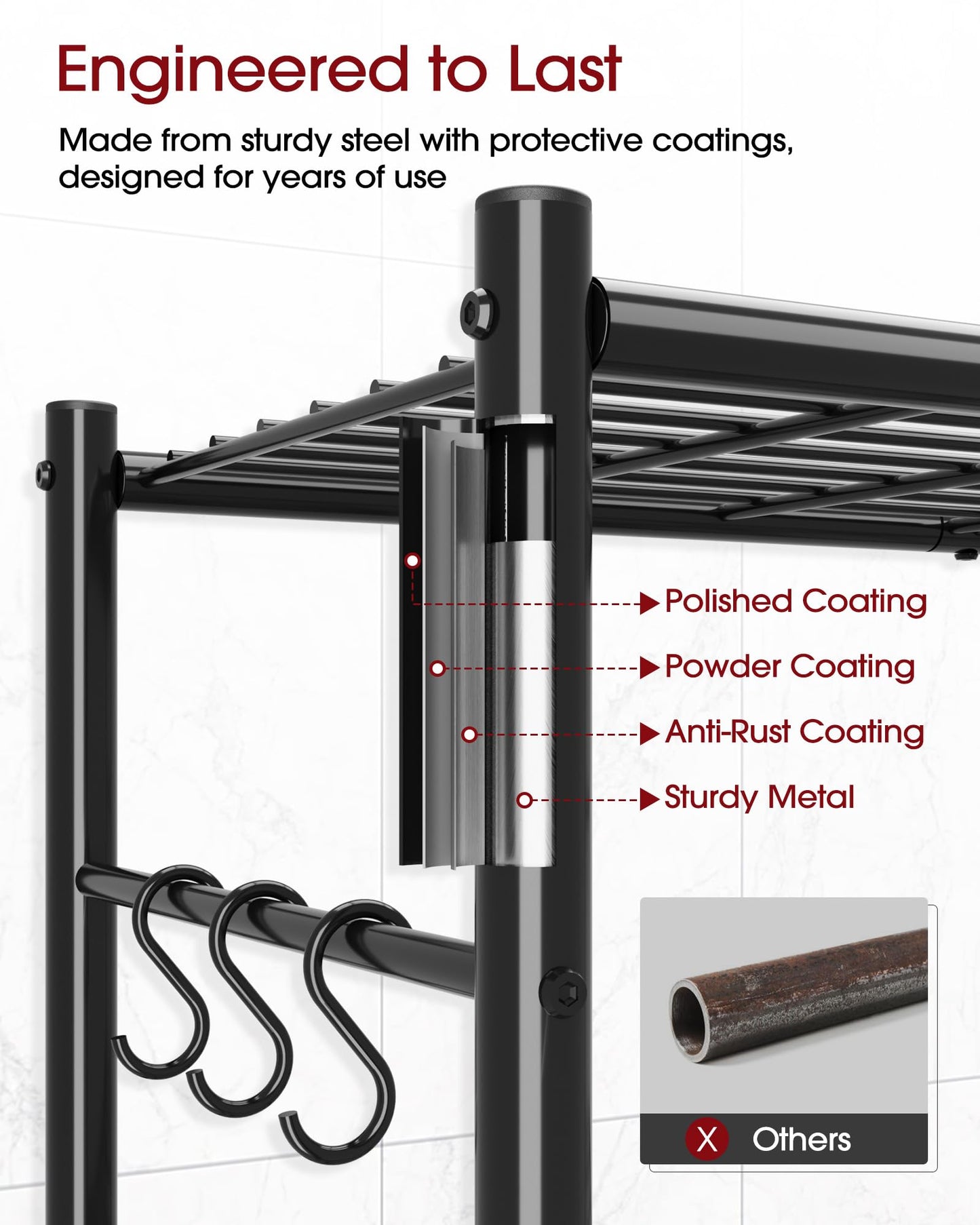 Sakugi Storage Shelves - 4-Tier Spacious Shelf Organizer with Hooks & Leveling Feet, Easy to Assemble, Rust-Resistant Garage Shelving for Kitchen, Pantry, Bedroom, 33.2" x 12.7" x 57.3", Black