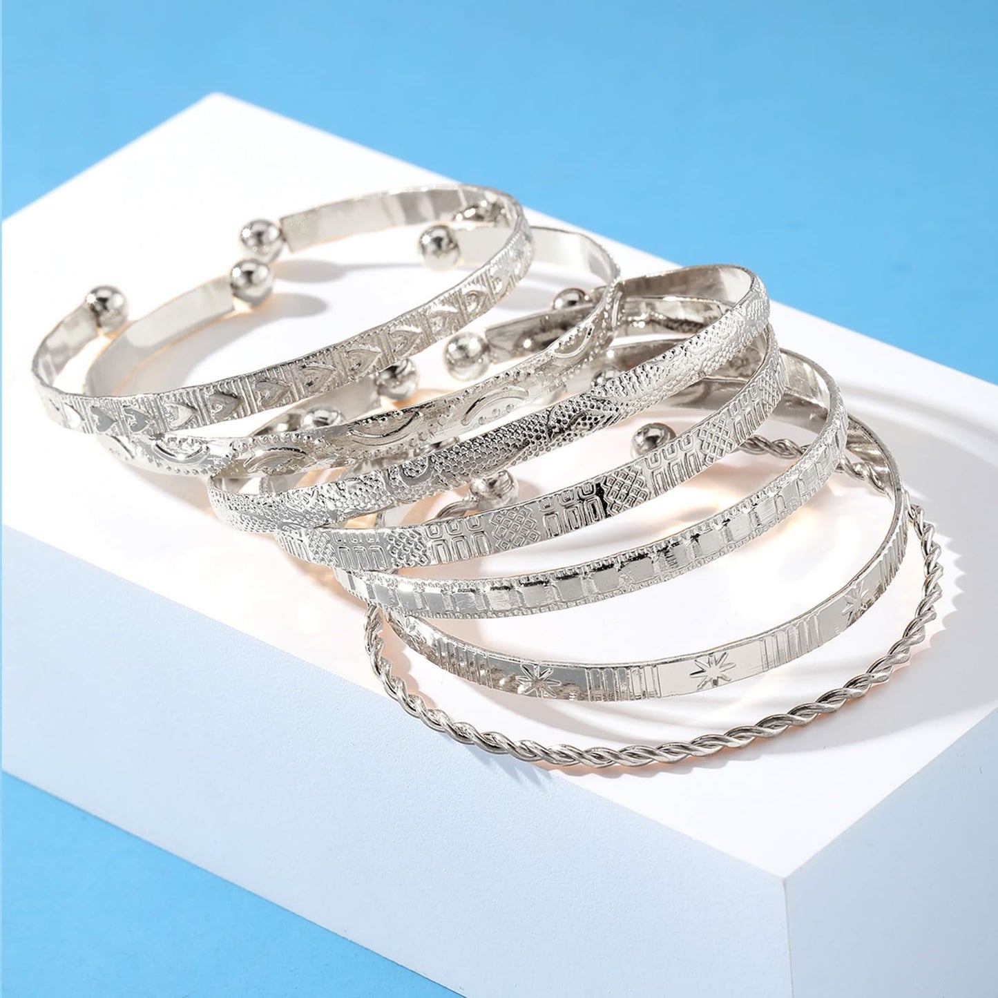 IFKM Silver Bangles Bracelets For Women, Silver Plated Multi Layer Stackable Cuff Bracelet Set, Trendy Elegance Charms Non Tarnish Minimalist Textured Boho Jewelry Gift for Women