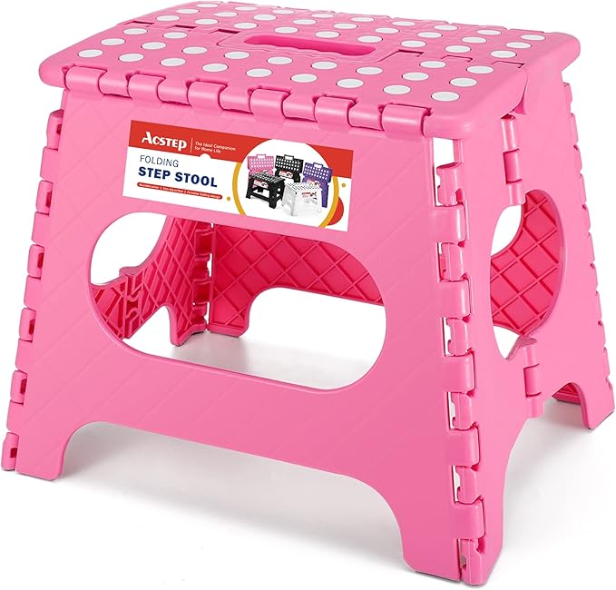 ACSTEP Folding Step Stool for Adults-11 Height Lightweight Plastic Stepping Stool. Foldable Step Stool Hold up to 300lbs Non Slip Collapsible Stool for Kitchen, Bathroom, Pink