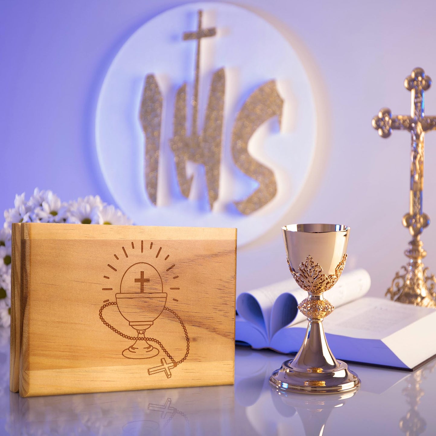 Threehoney First Communion Valet Box Wooden Jewelry Box with Felt Lining 7.5 x 4.7 x 1.6 Inch Personalized First Holy Communion Gifts for Religious Keepsakes and Rosary Beads Storage